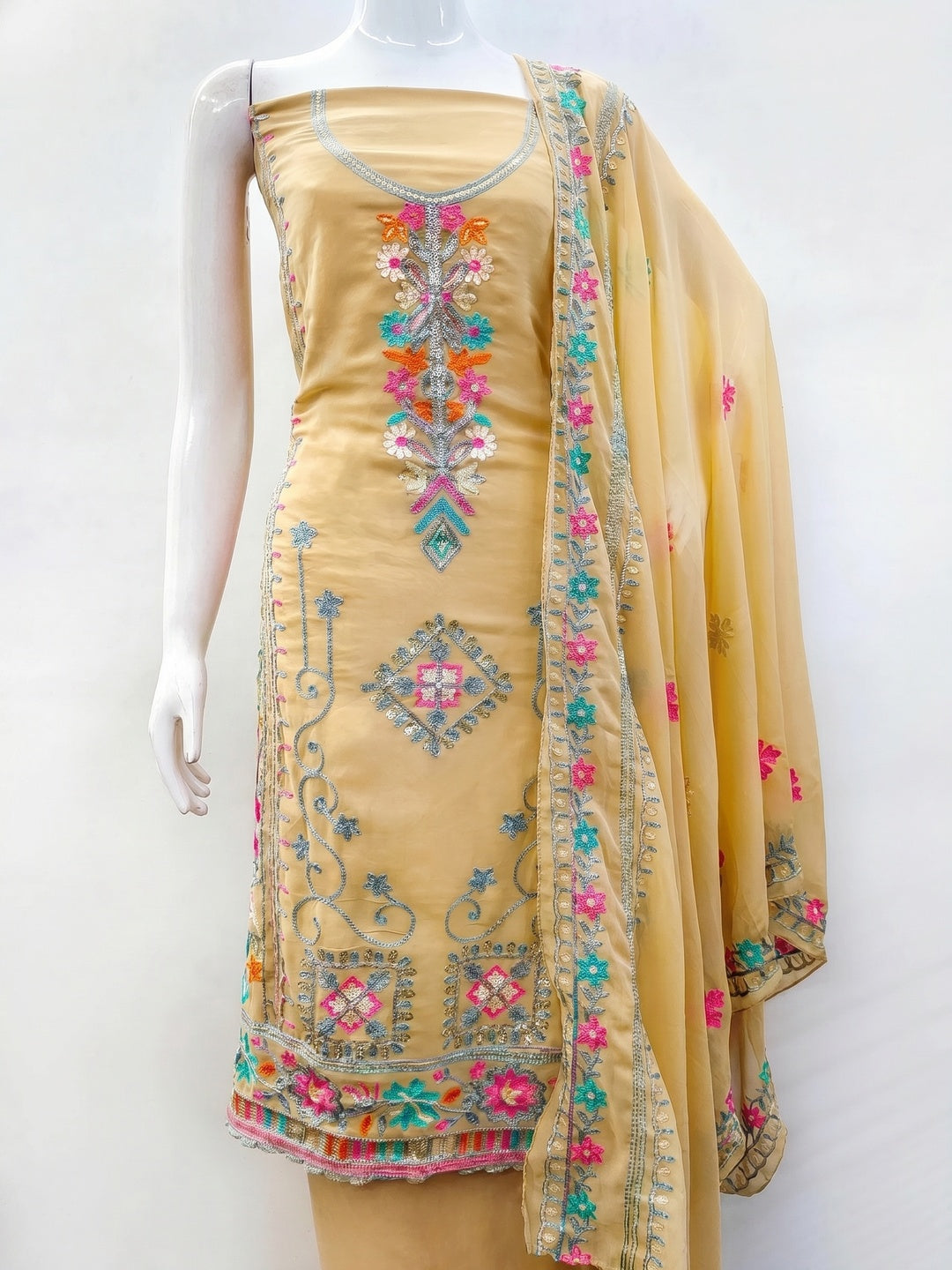 Chikoo Floral Sequins Embroidered Georgette Dress Material - Image 1
