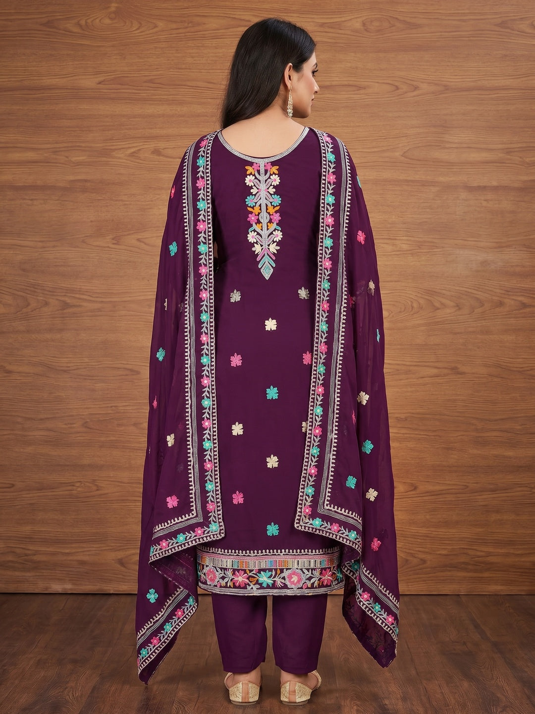 Wine Floral Sequins Embroidered Georgette Dress Material - Image 3