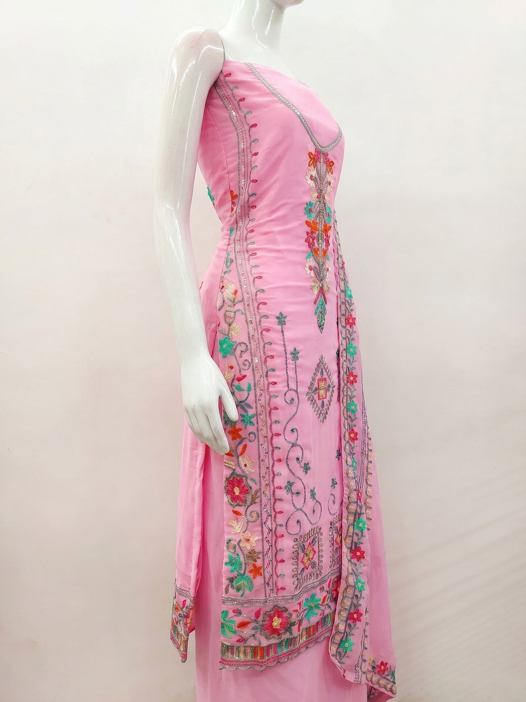 Pink Floral Sequins Embroidered Georgette Dress Material - Image 3