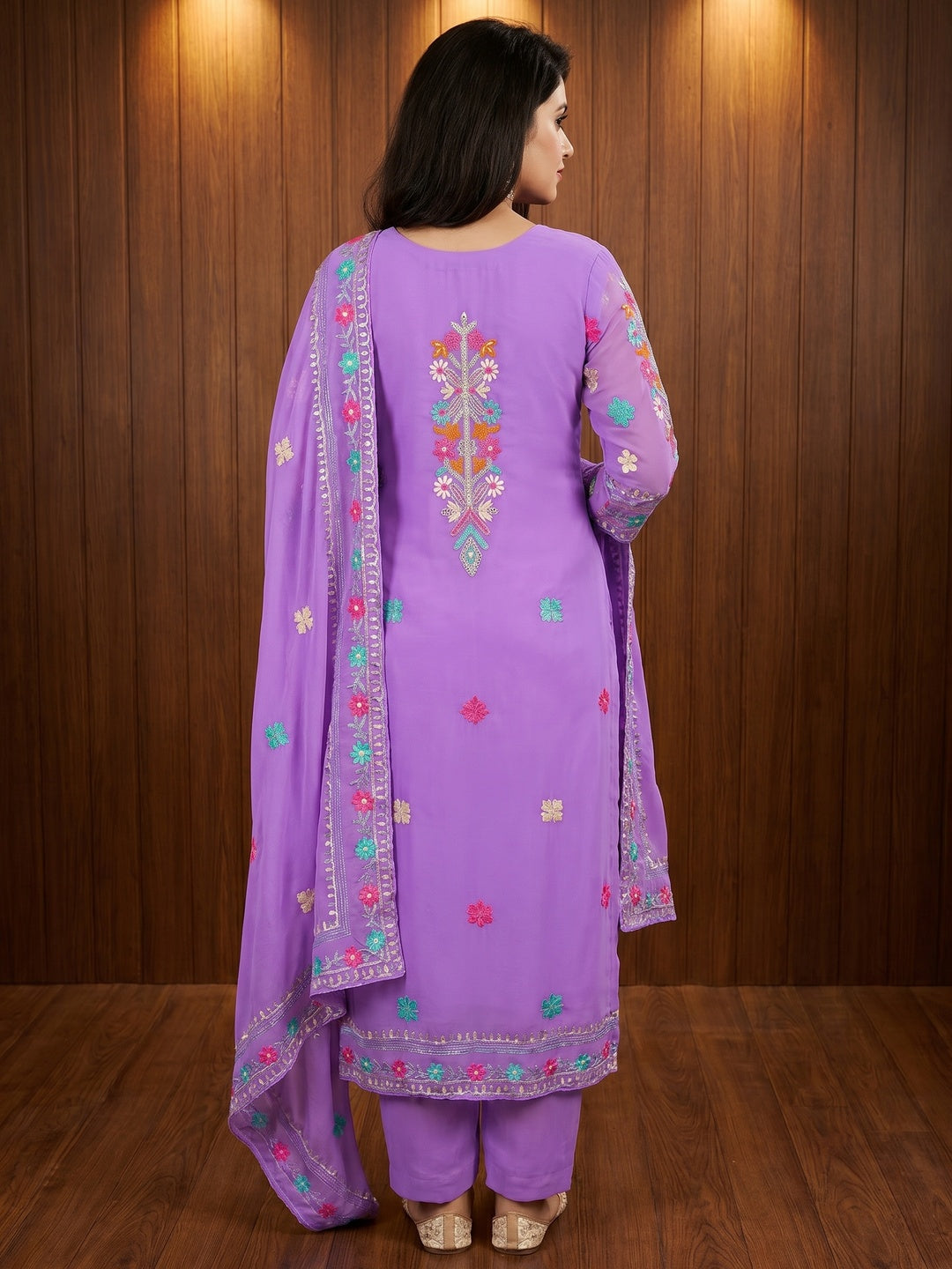 Lavender Floral Sequins Embroidered Georgette Dress Material - Image 3