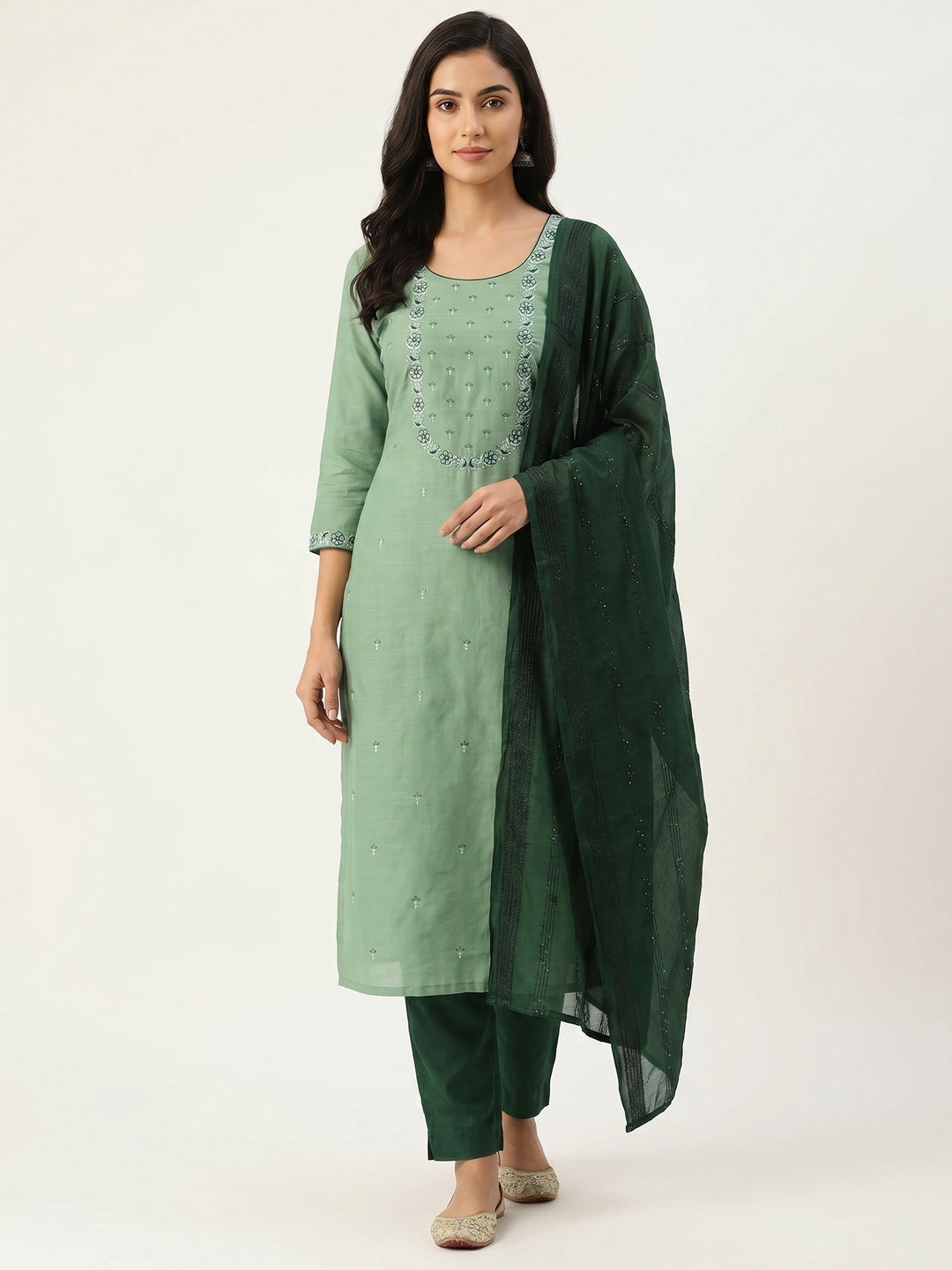 Green Embroidered Pure Cotton Dress Material - Image 1