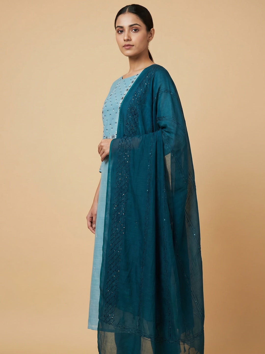 Sky Blue Embroidered Pure Cotton Dress Material - Image 3