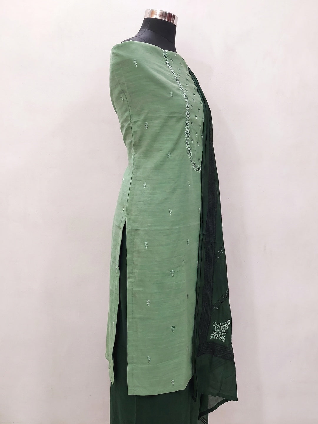 Green Embroidered Pure Cotton Dress Material - Image 3