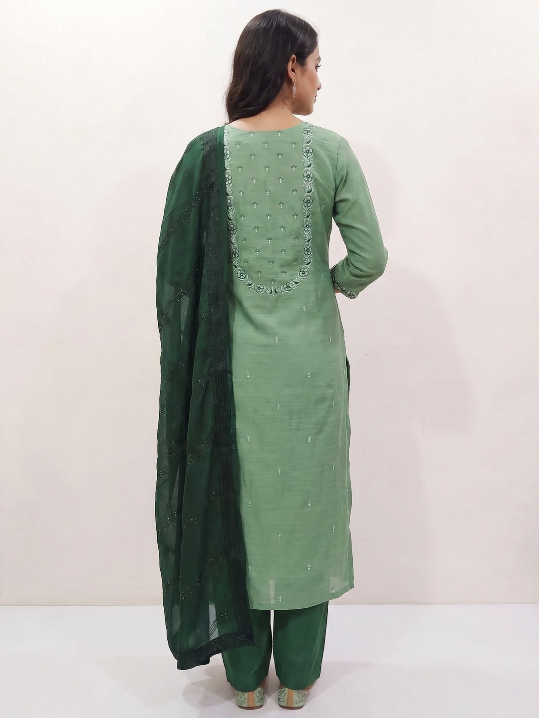 Green Embroidered Pure Cotton Dress Material - Image 2