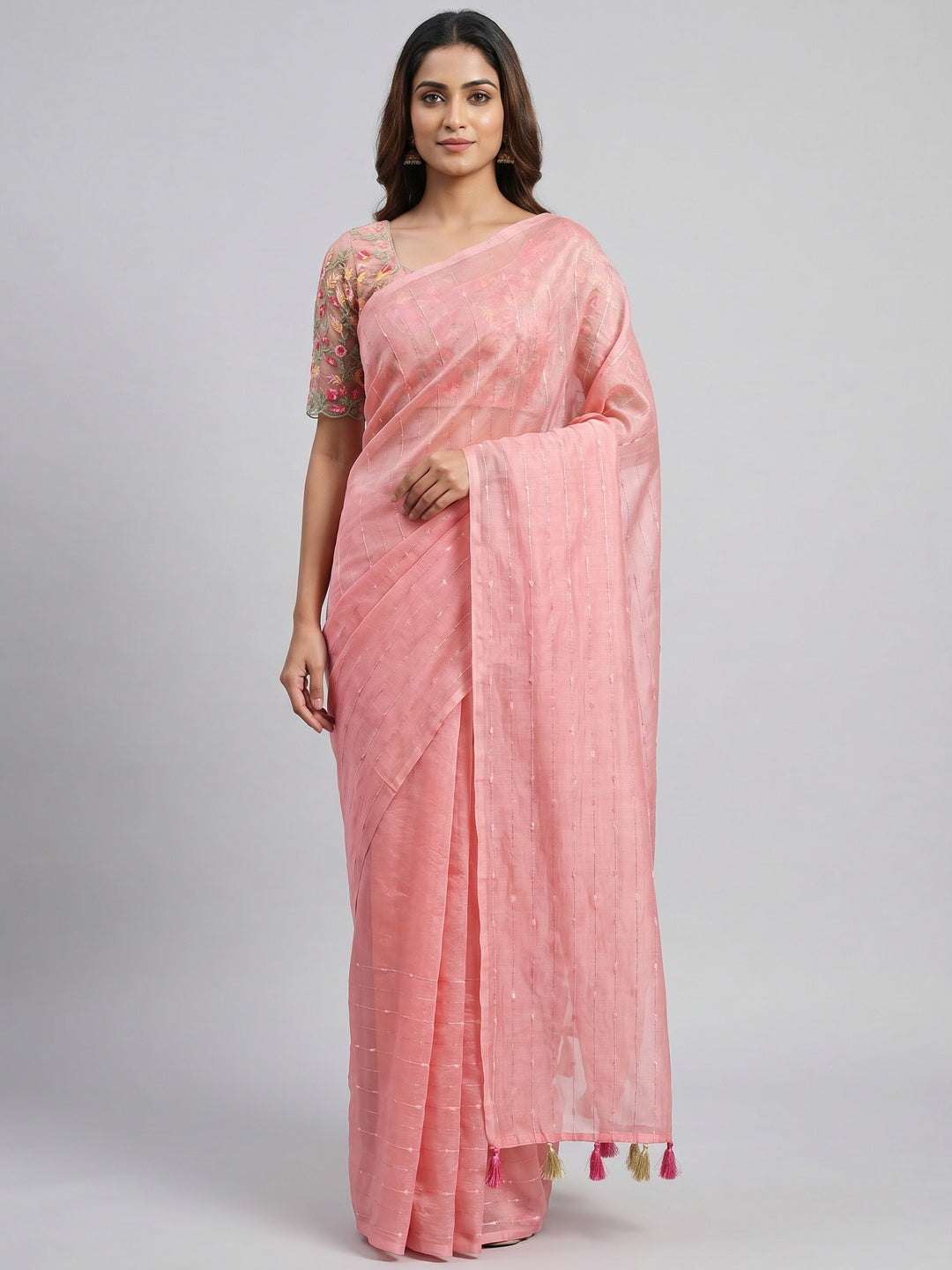 Peach Sequins Embroidered Organza Saree With Tassels - Image 1