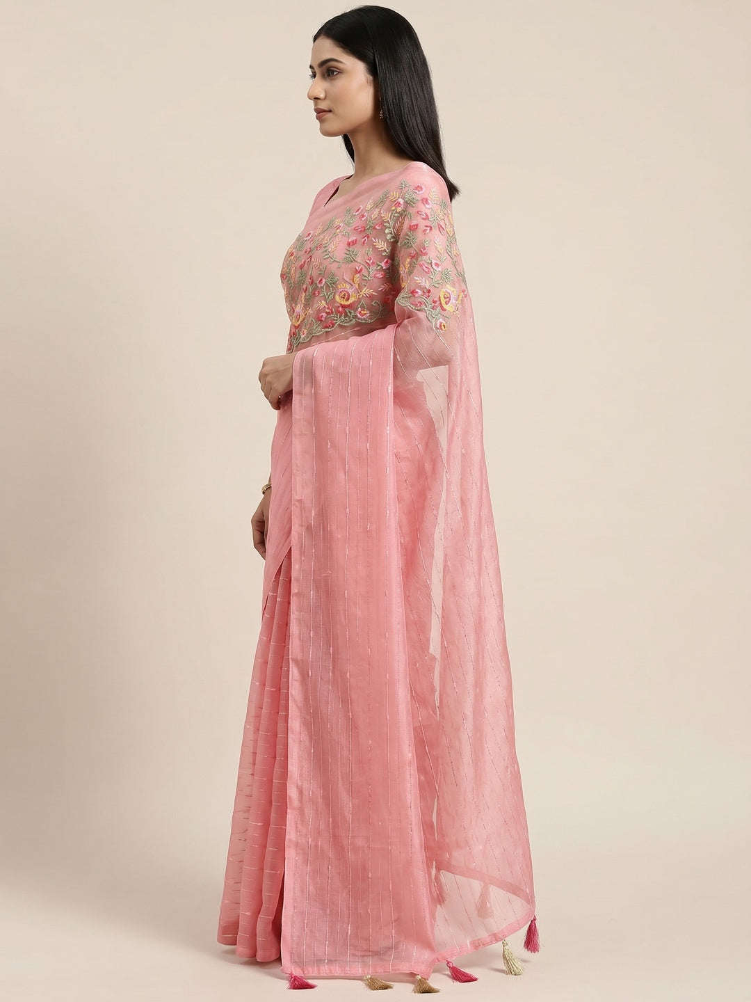 Peach Sequins Embroidered Organza Saree With Tassels - Image 2