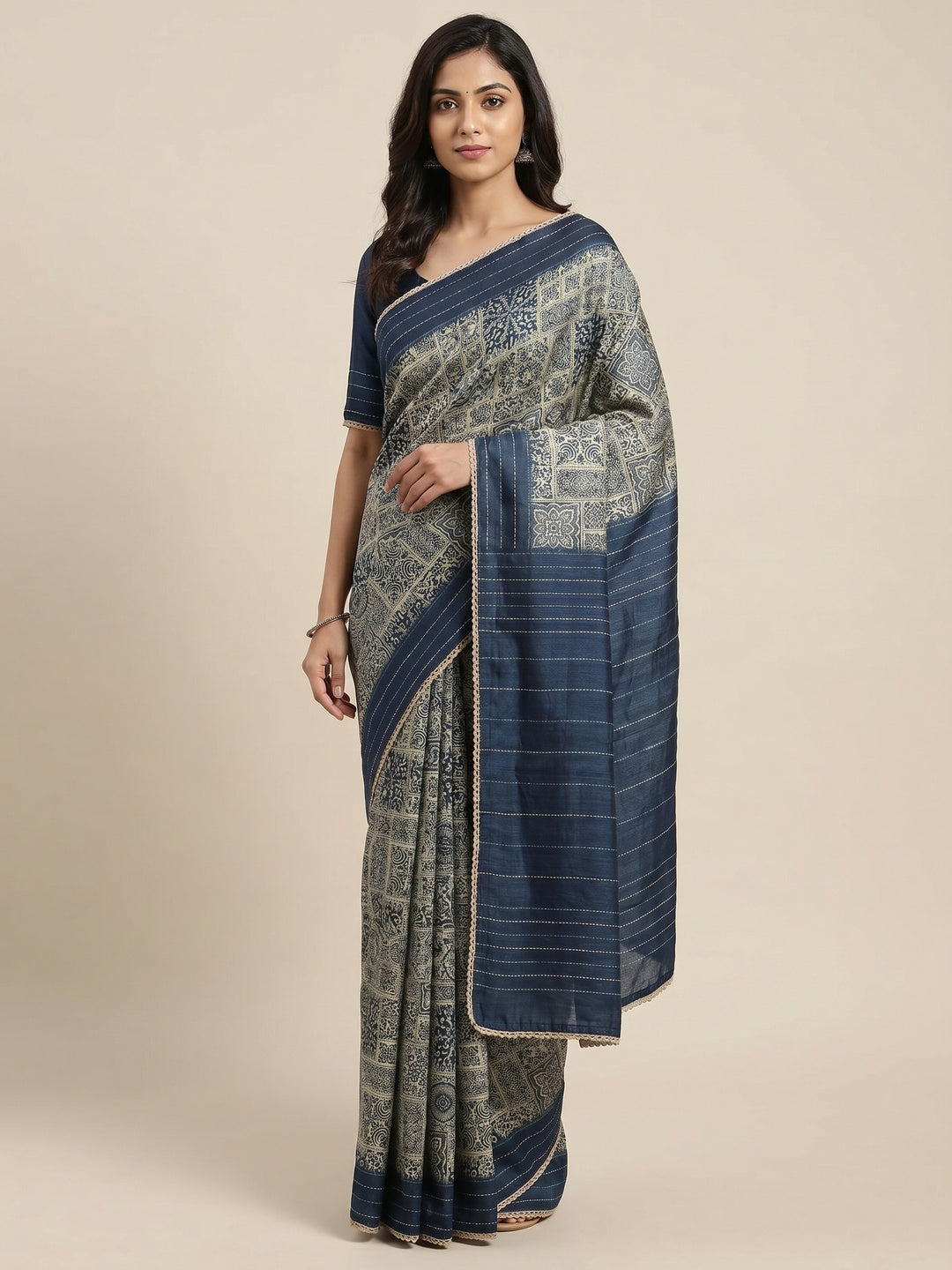 Blue Ajrakh Printed Tussar Silk Saree - Image 1