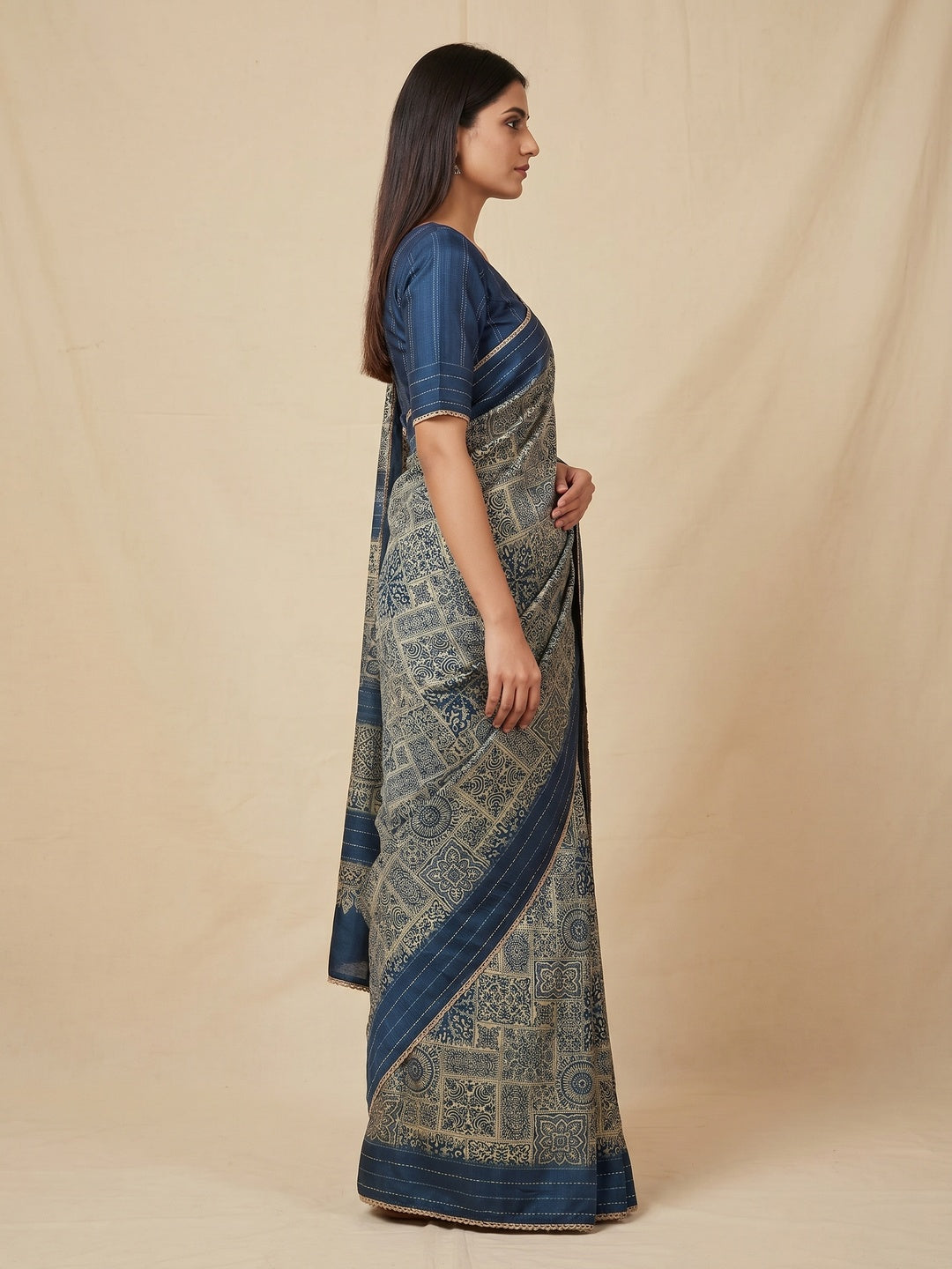 Blue Ajrakh Printed Tussar Silk Saree - Image 3