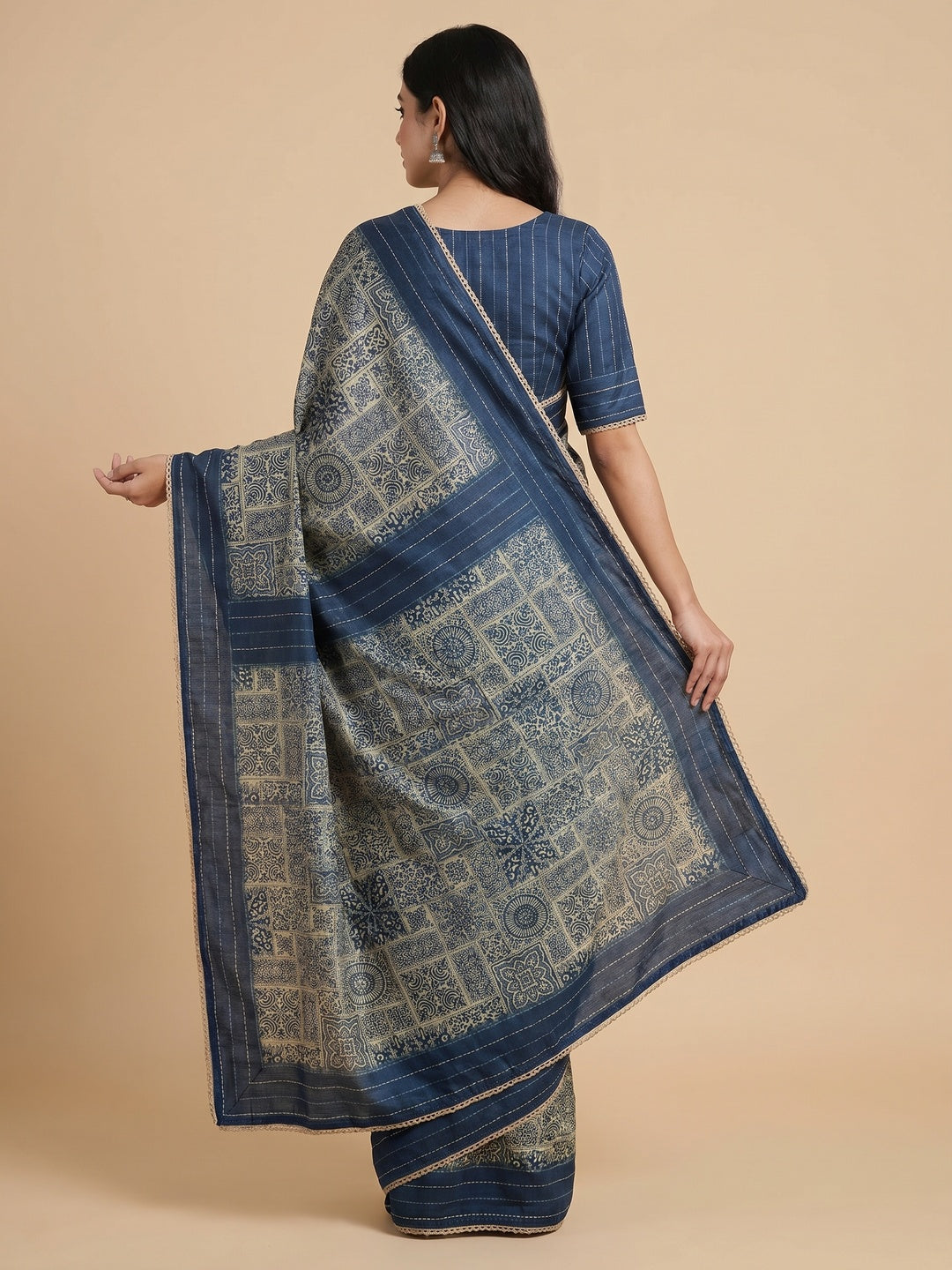 Blue Ajrakh Printed Tussar Silk Saree - Image 2