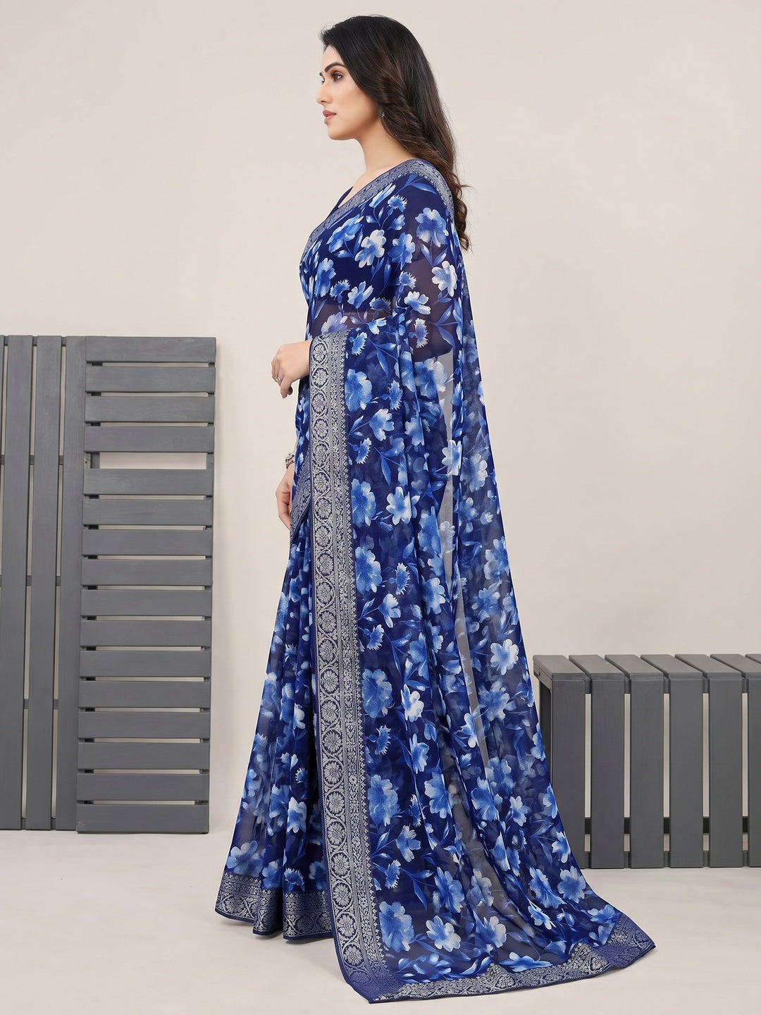 Blue Floral Printed Georgette Saree With Woven Border - Image 2