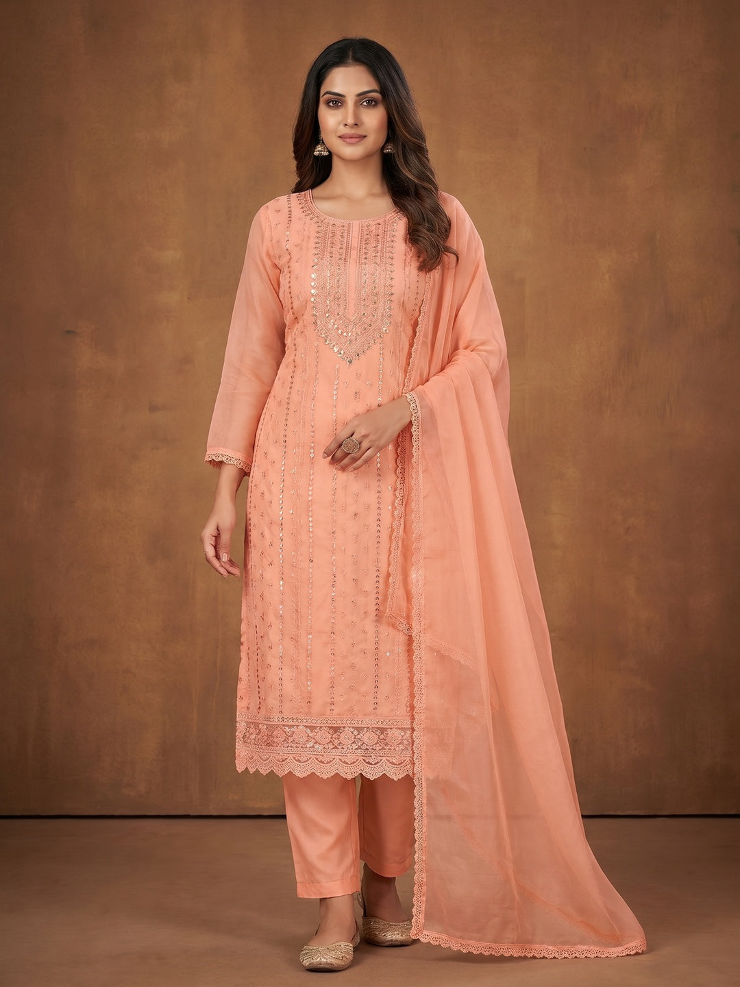 Peach Sequins Embroidered Orgnaza Dress Material - Image 1