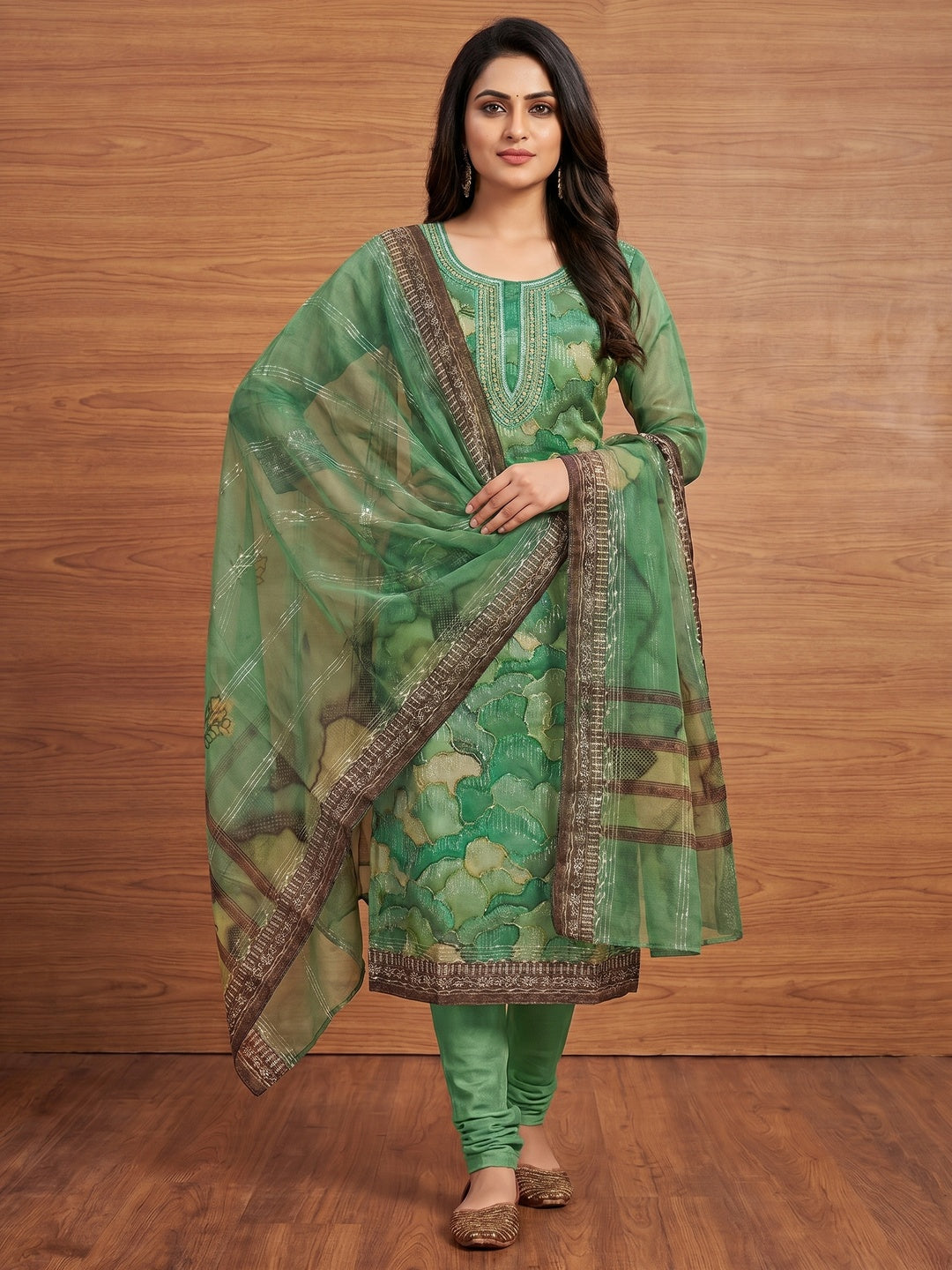 Green Sequins Embroidered Organza Dress Material - Image 1