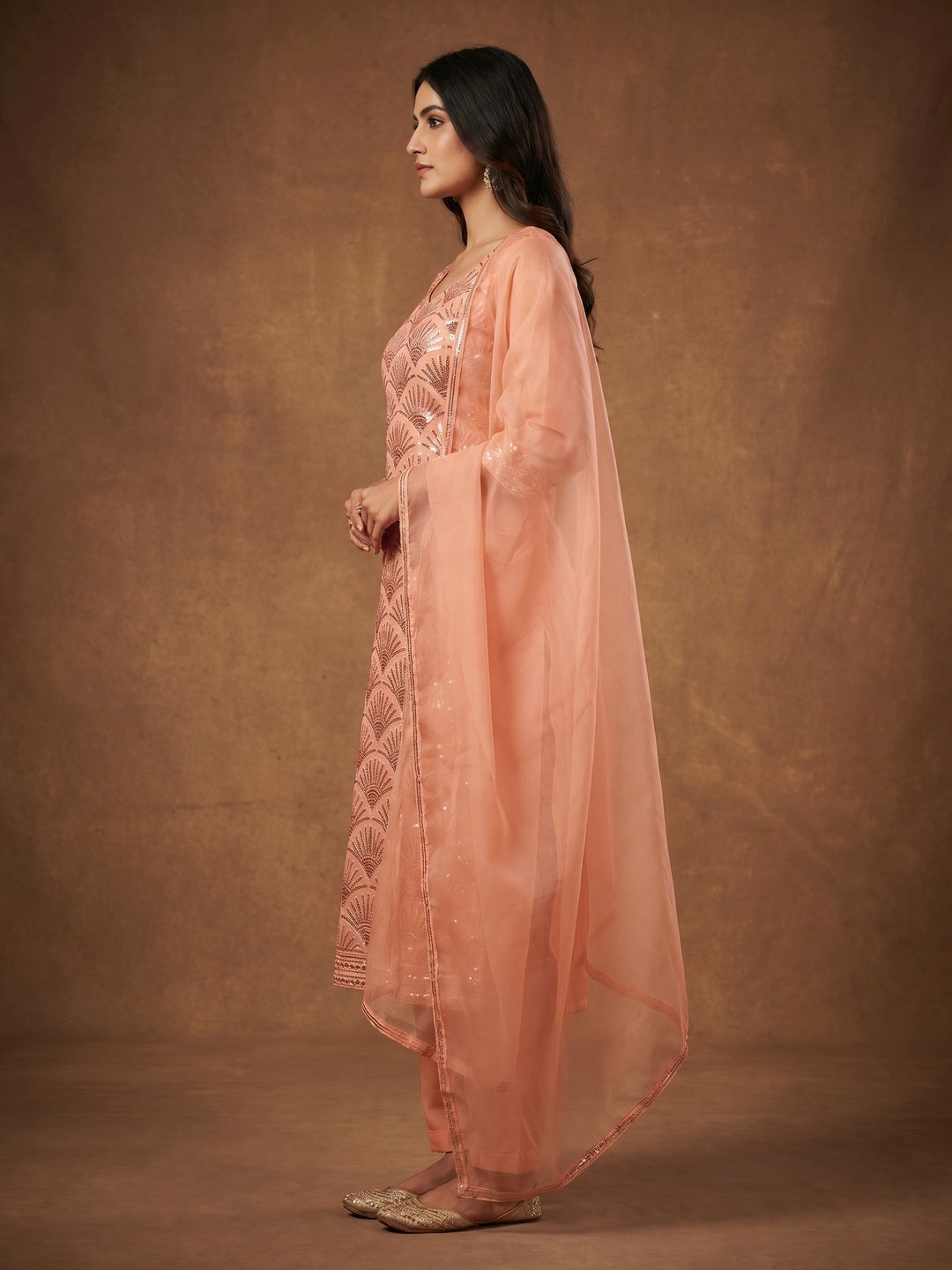 Peach Sequins Embroidered Orgnaza Dress Material - Image 2