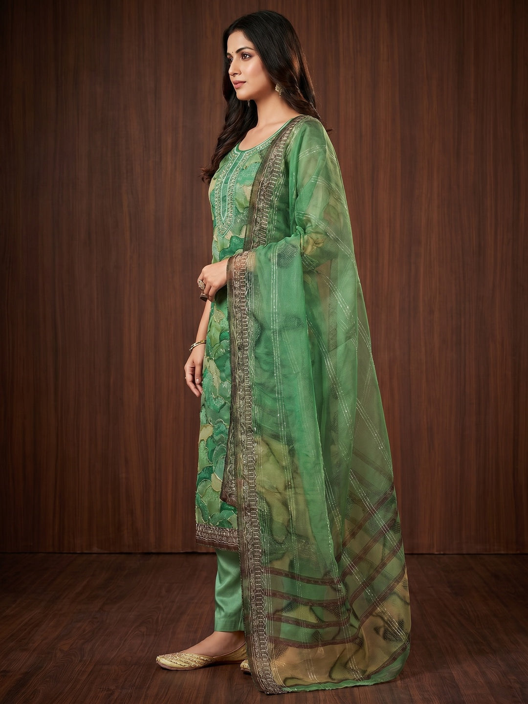Green Sequins Embroidered Organza Dress Material - Image 3