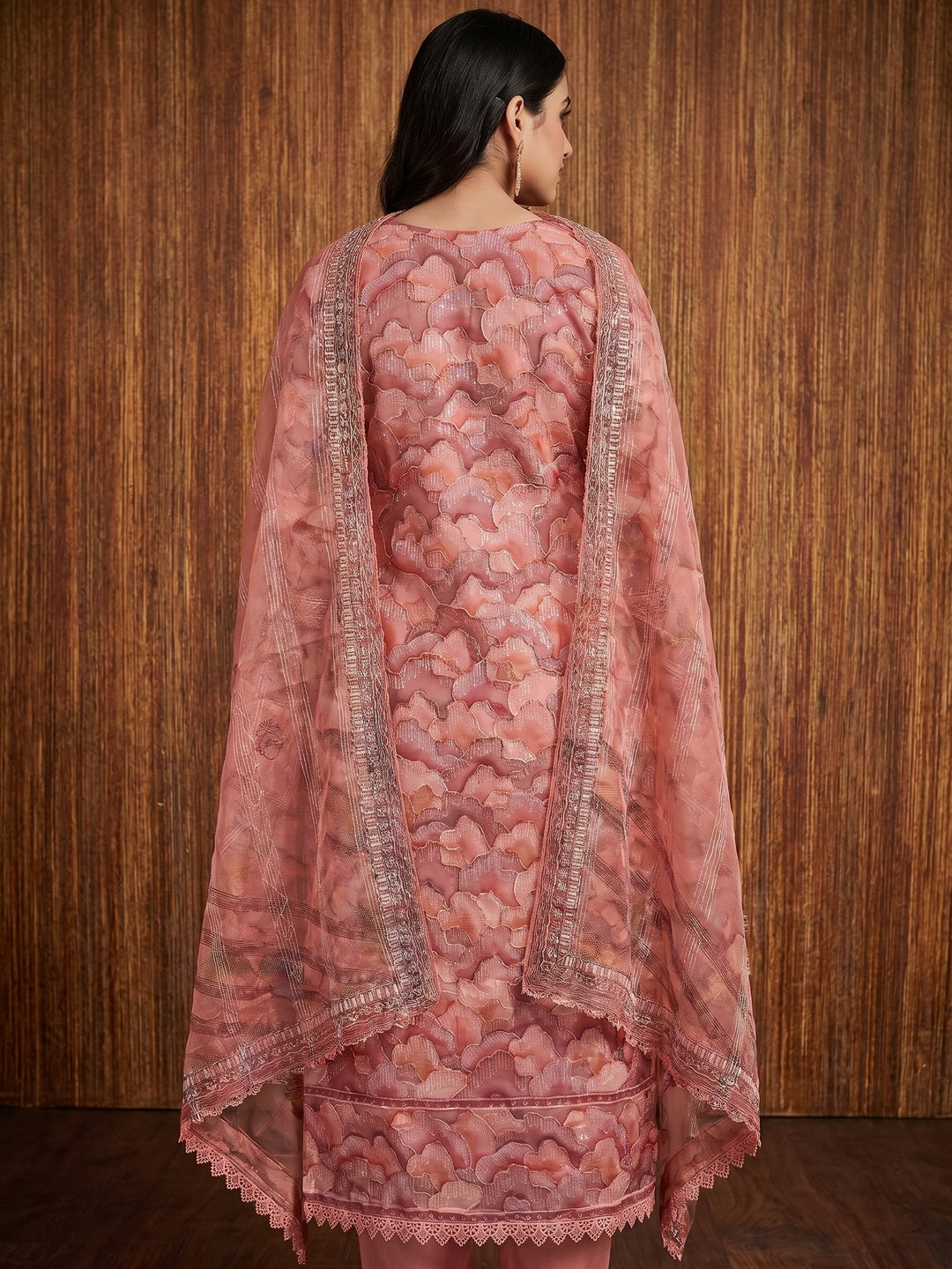 Peach Sequins Embroidered Orgnaza Dress Material - Image 3
