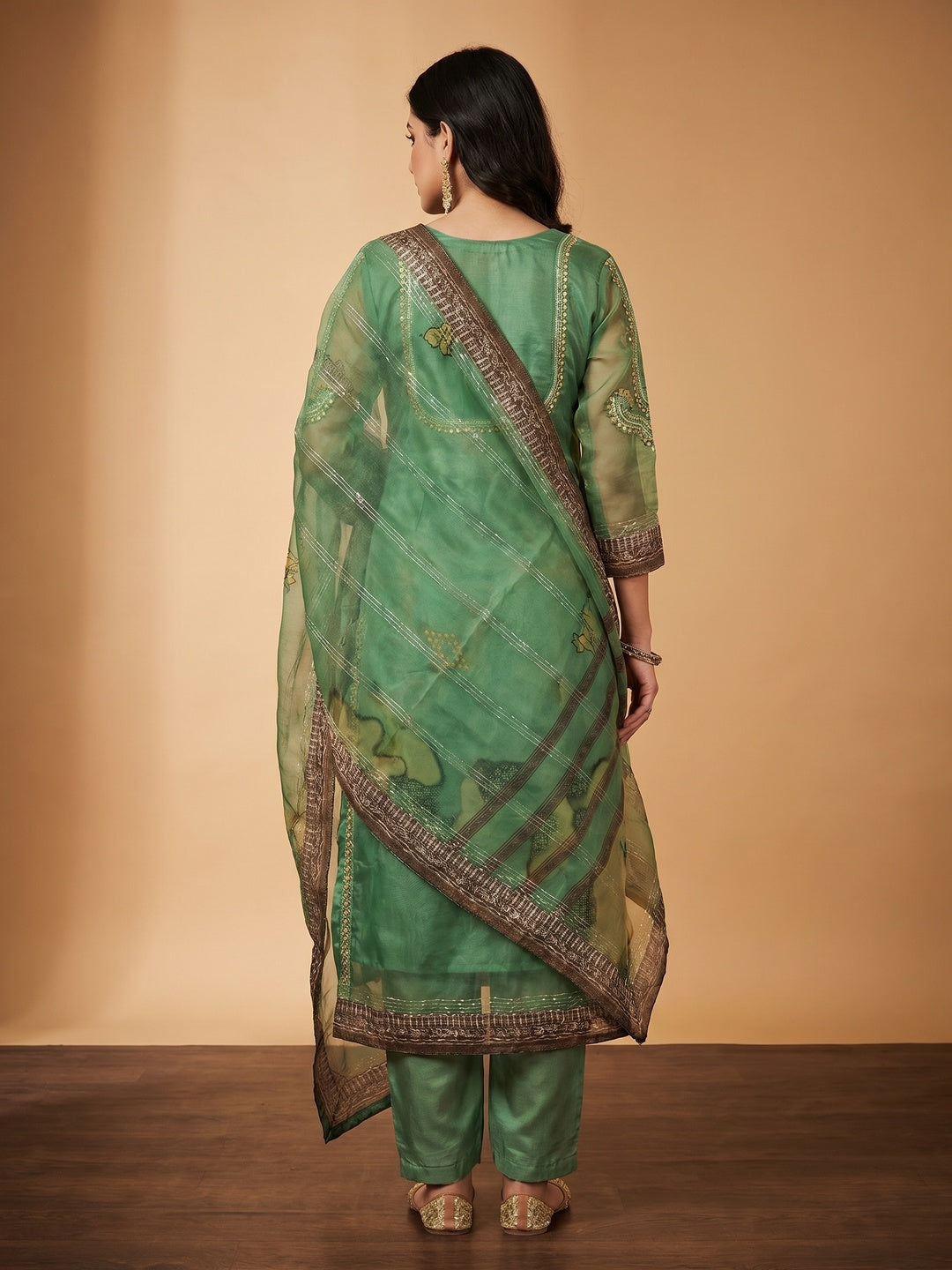 Green Sequins Embroidered Organza Dress Material - Image 2