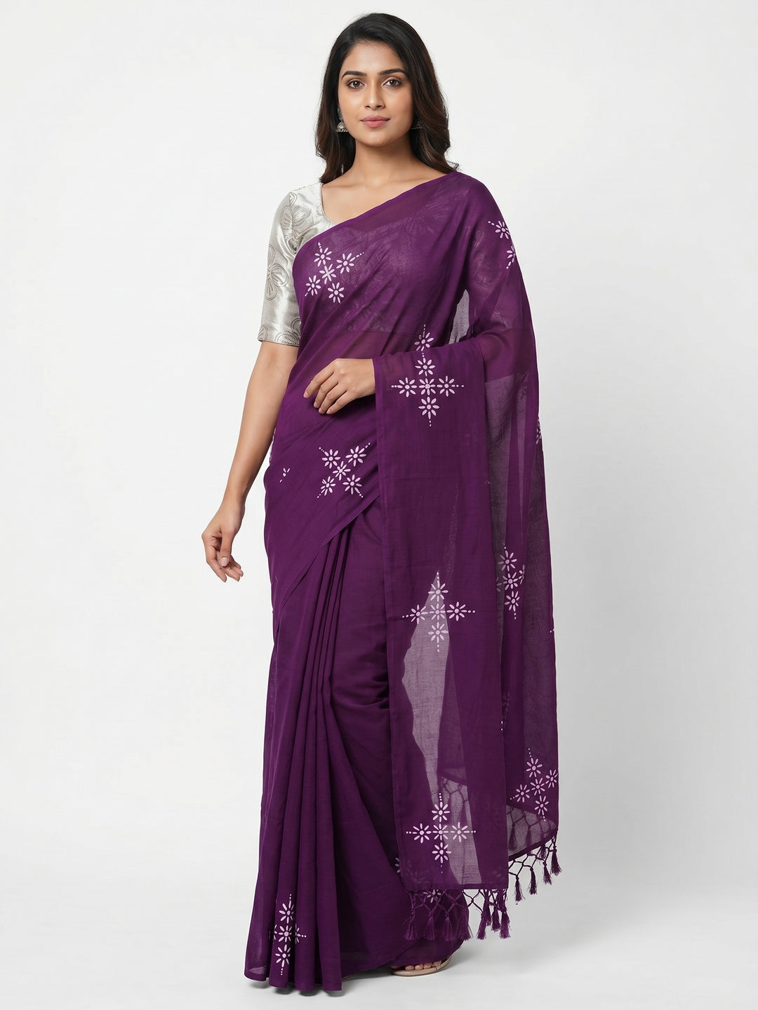 Purple Floral Printed Muslin Saree With Tassels - Image 1