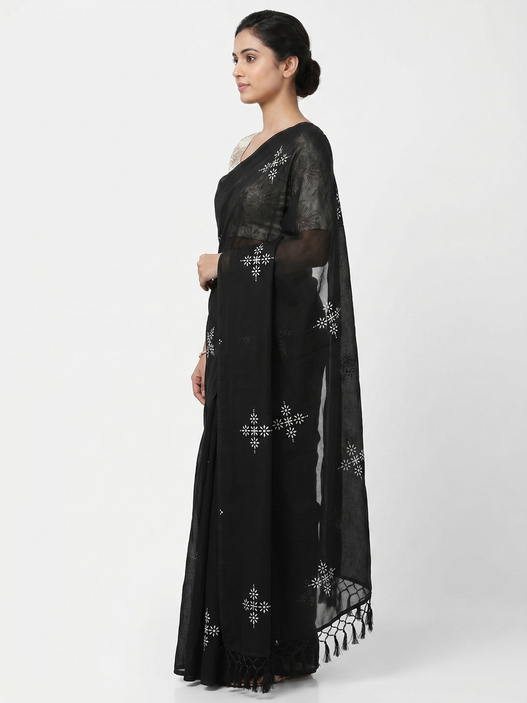 Black Floral Printed Muslin Saree With Tassels - Image 2