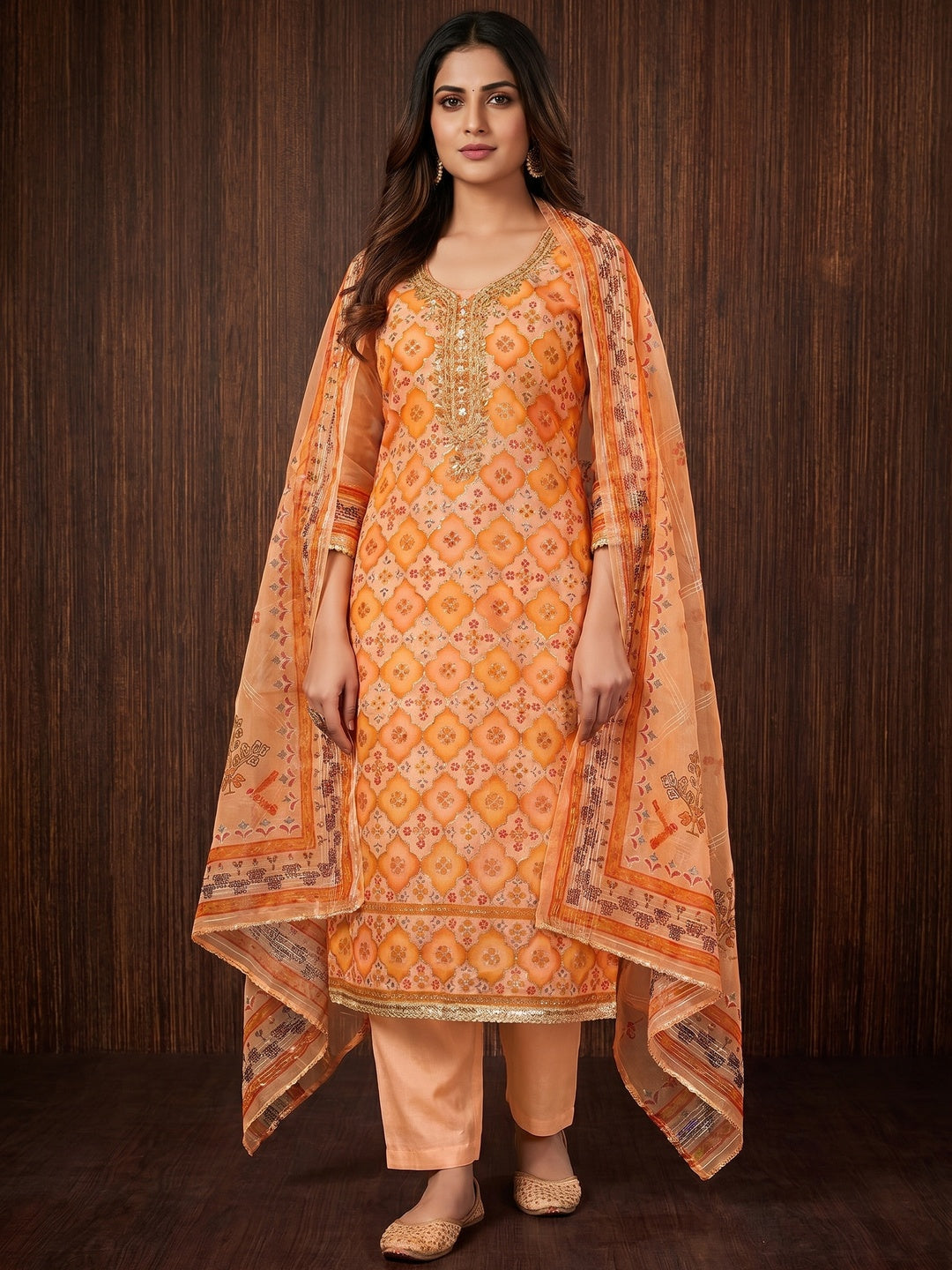 Orange Printed With Sequins Embroidered Organza Dress Material - Image 1