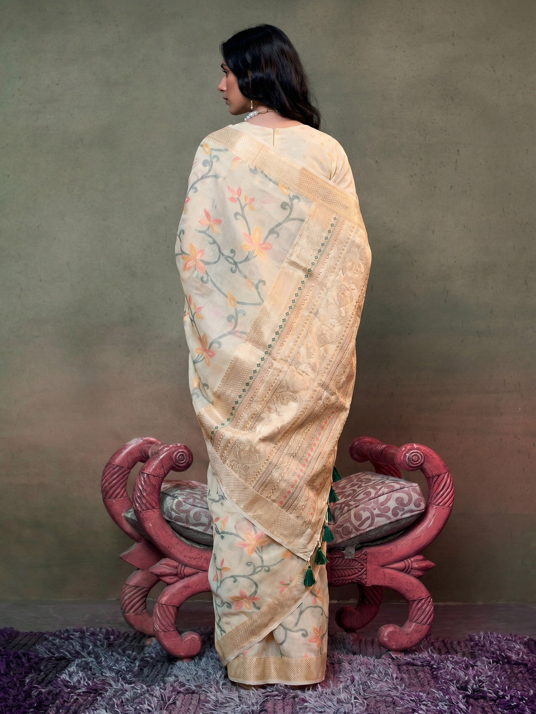Off White Floral Woven Cotton Silk Saree With Tassels - Image 1