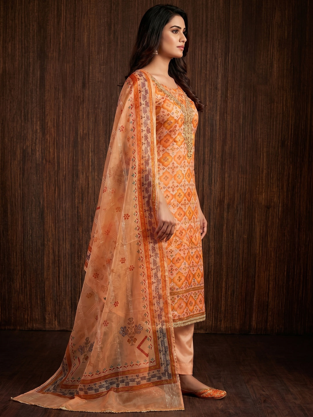 Orange Printed With Sequins Embroidered Organza Dress Material - Image 3