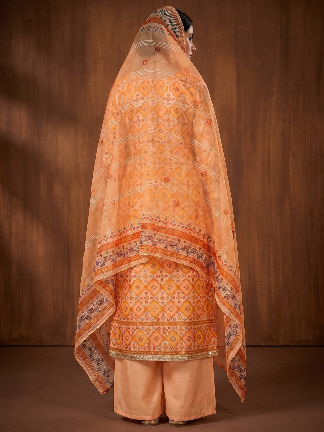 Orange Printed With Sequins Embroidered Organza Dress Material - Image 2