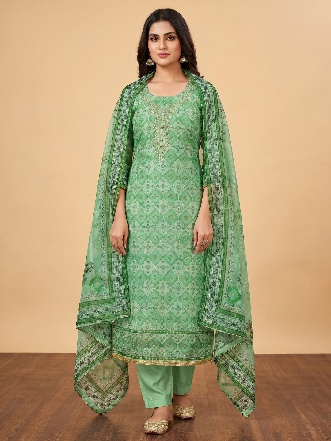 Green Printed With Sequins Embroidered Organza Dress Material - Image 1