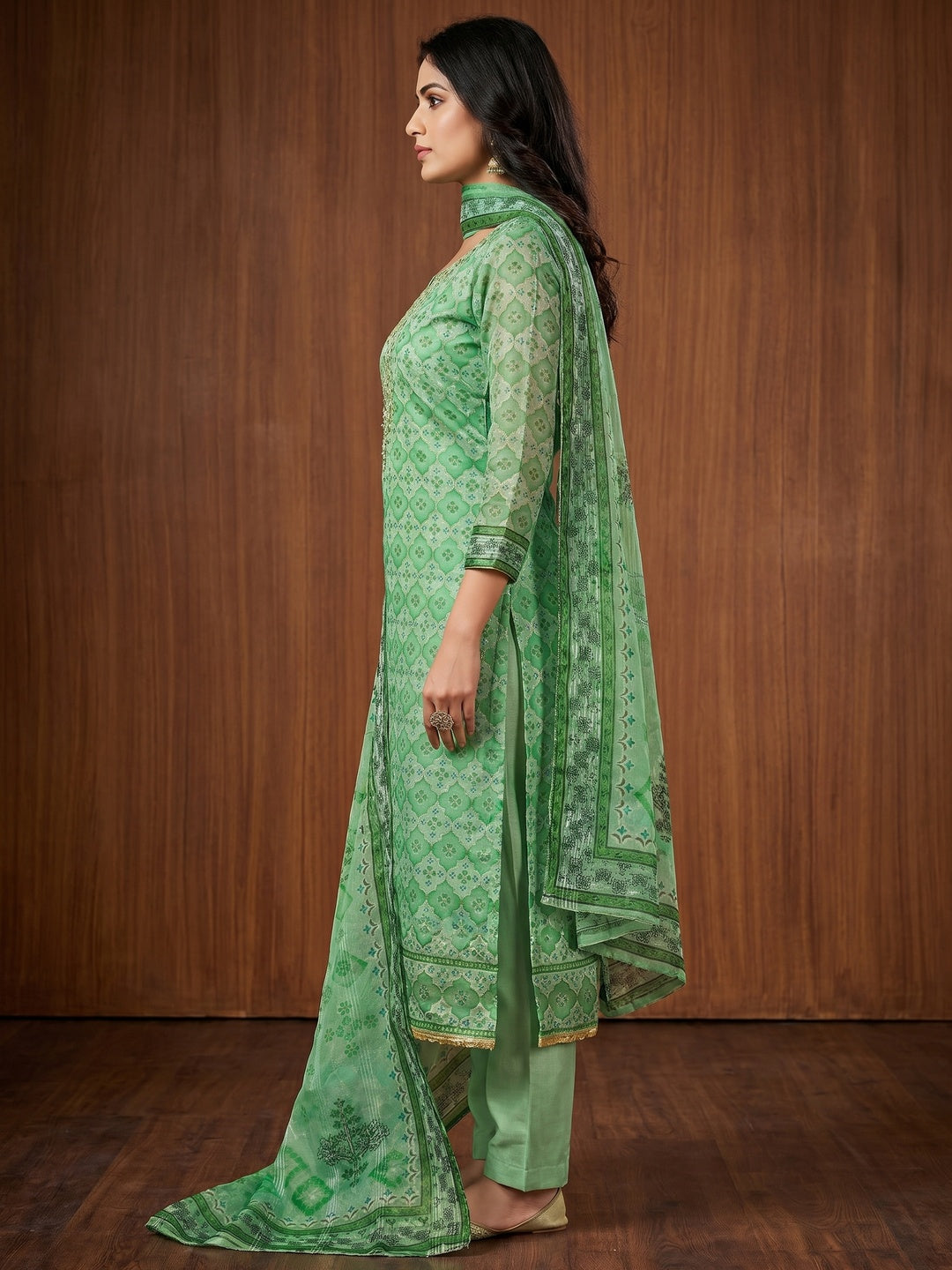 Green Printed With Sequins Embroidered Organza Dress Material - Image 3