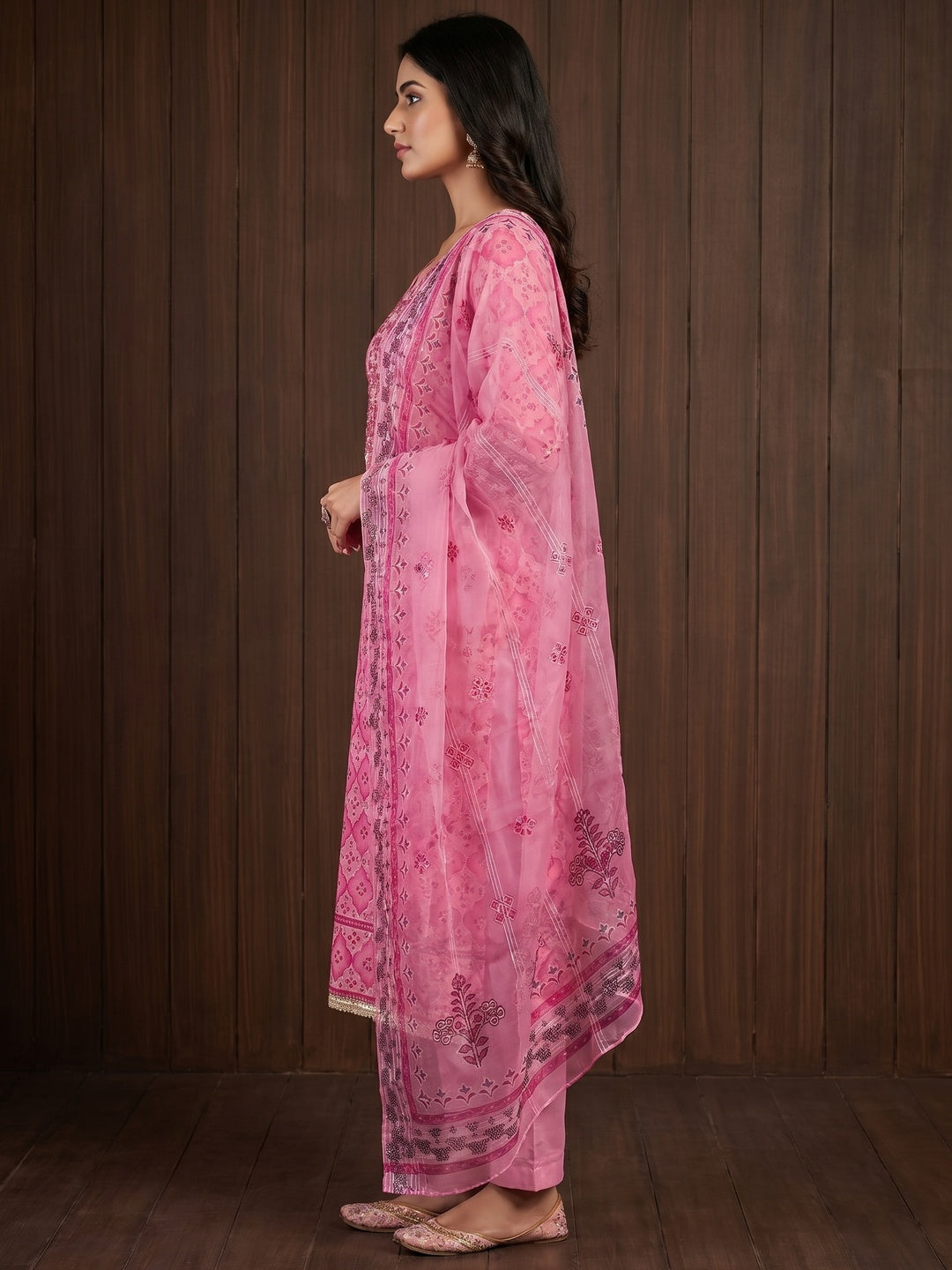 Pink Printed With Sequins Embroidered Organza Dress Material - Image 3