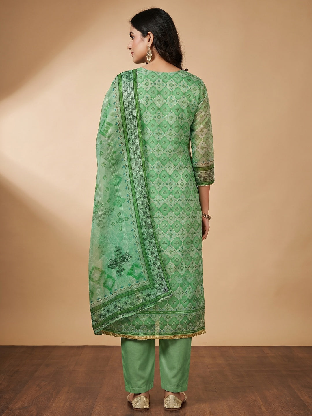 Green Printed With Sequins Embroidered Organza Dress Material - Image 2