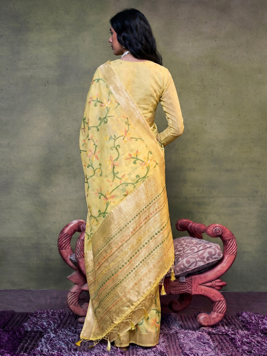 Yellow Floral Woven Cotton Silk Saree With Tassels - Image 1