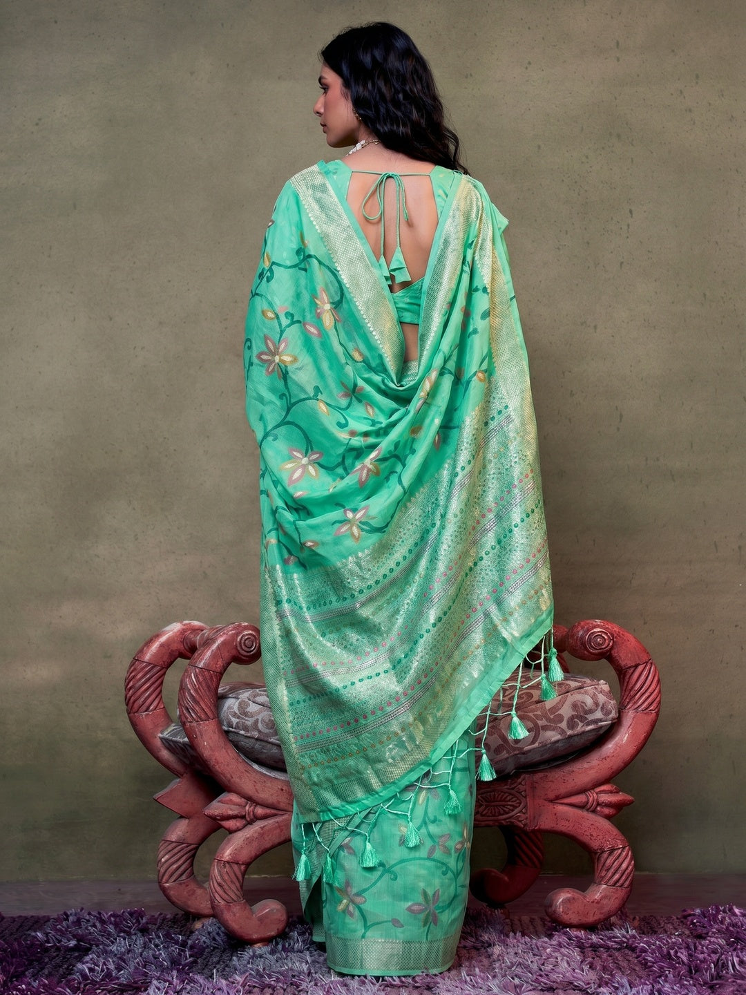 Turquoise Floral Woven Cotton Silk Saree With Tassels - Image 1