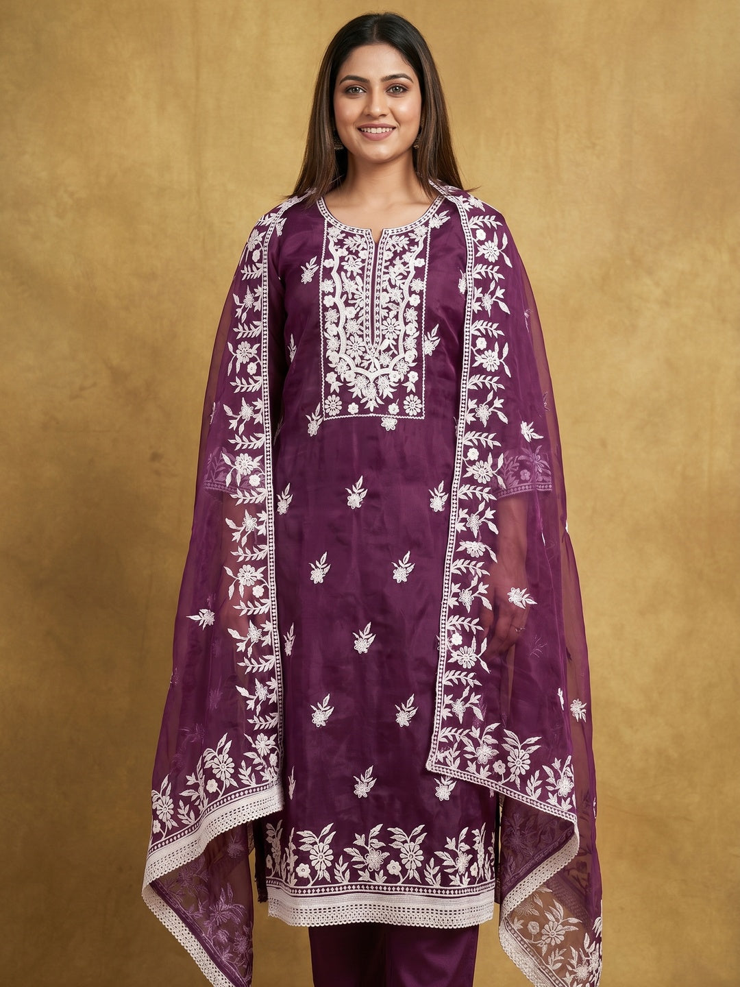 Purple Floral Embroidered Organza Dress Material - Image 1