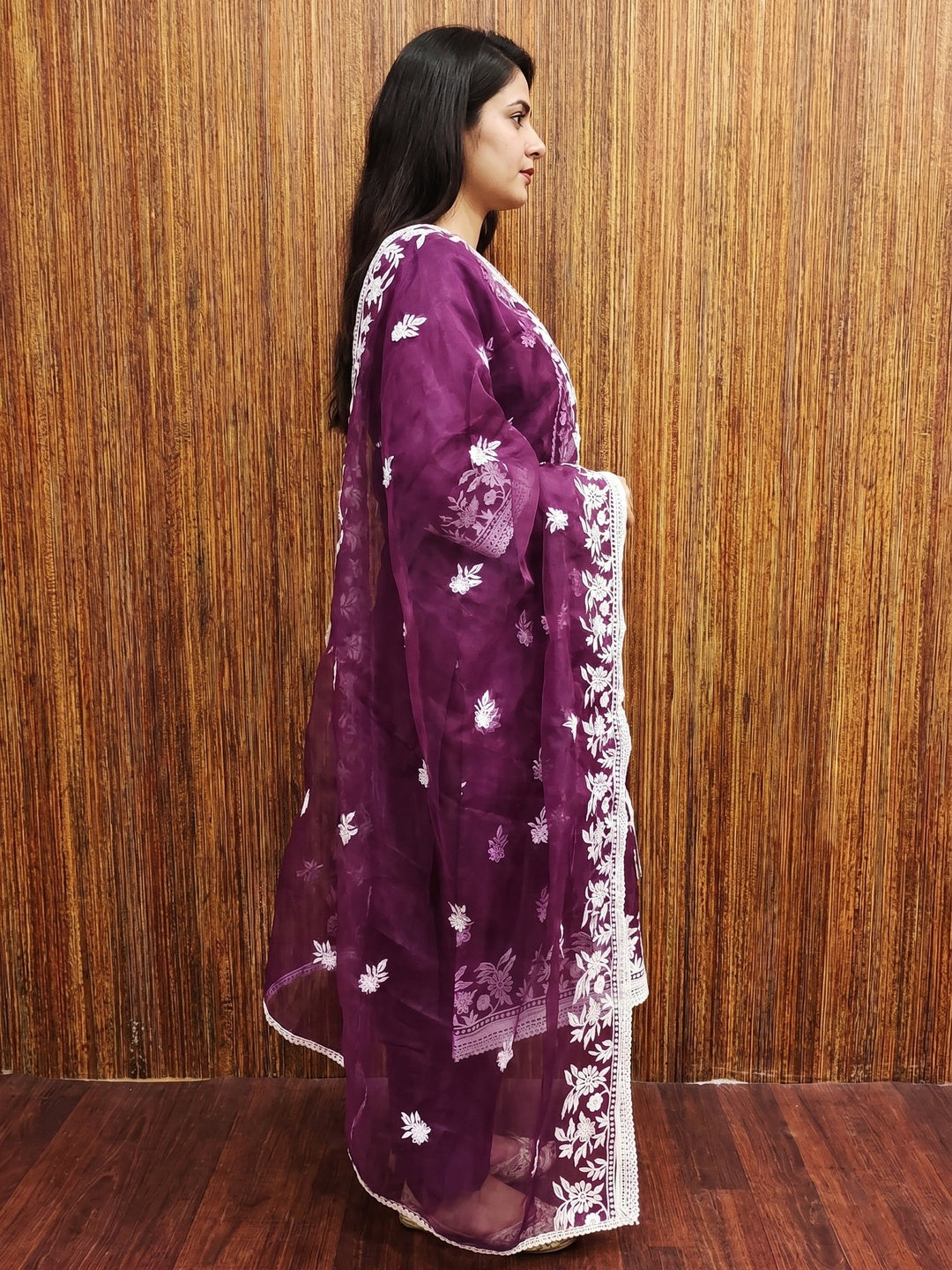 Purple Floral Embroidered Organza Dress Material - Image 3