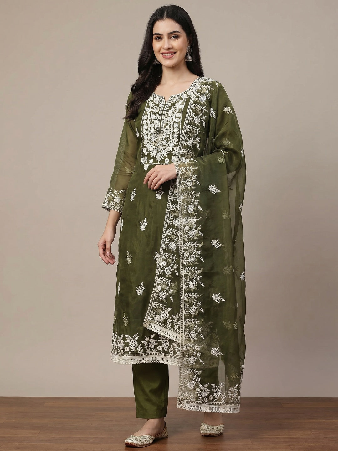 Green Floral Embroidered Organza Dress Material - Image 1