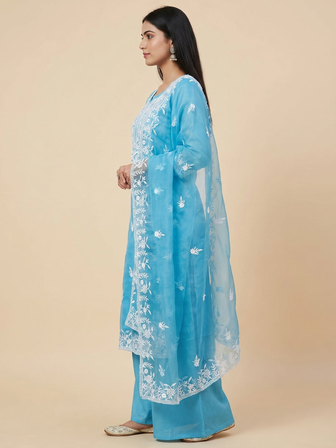 Blue Floral Embroidered Organza Dress Material - Image 3