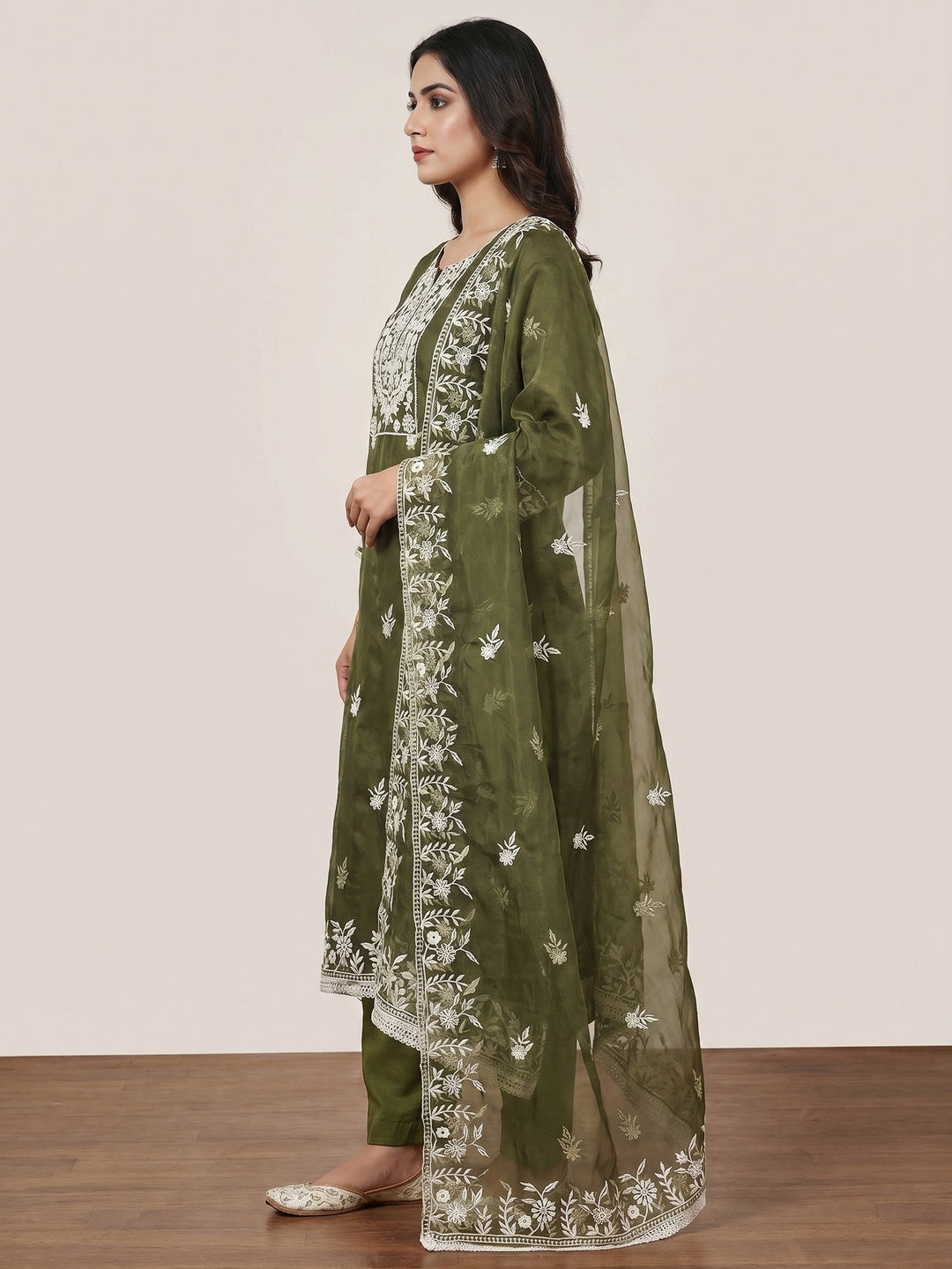 Green Floral Embroidered Organza Dress Material - Image 3