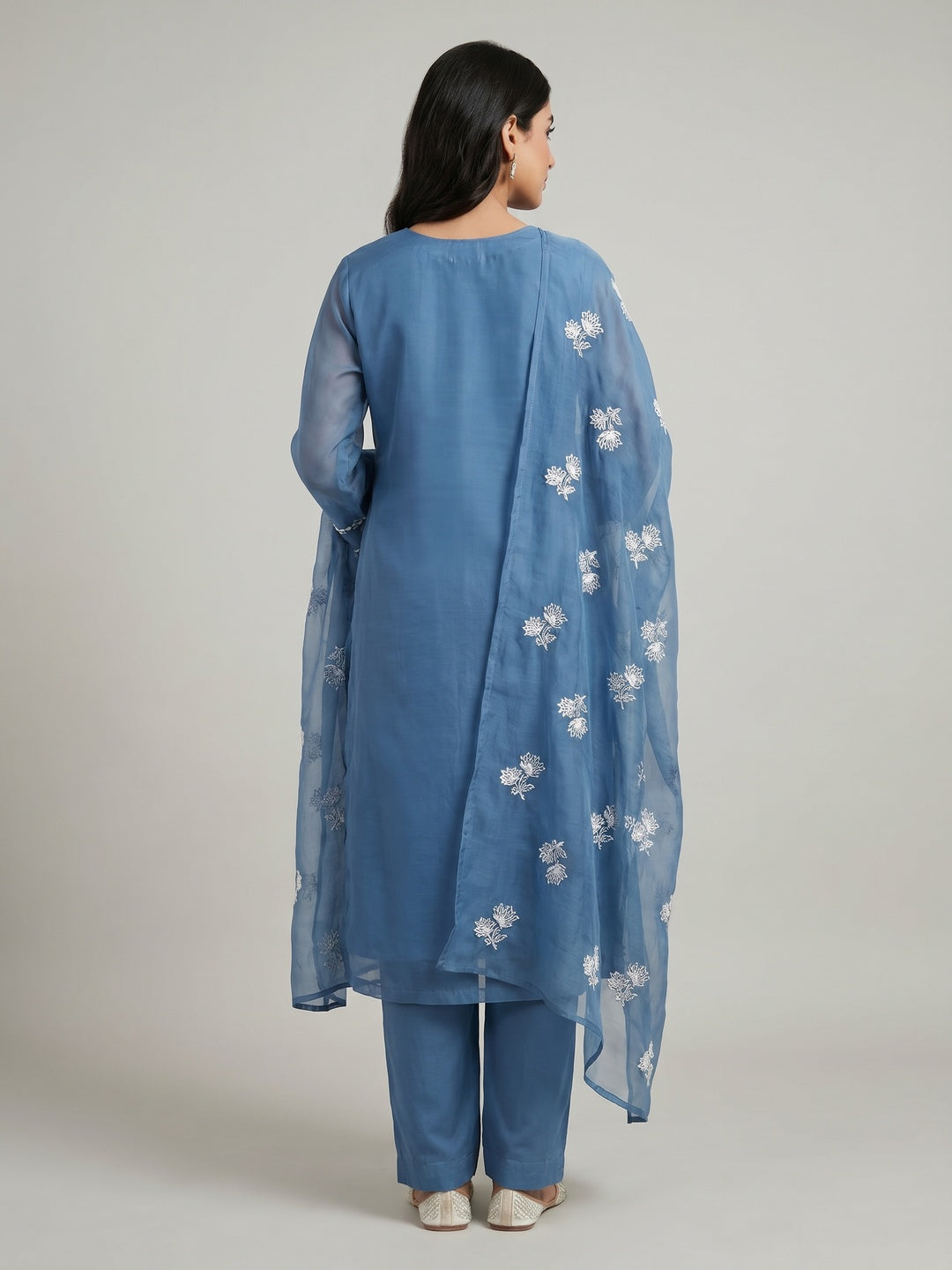 Blue Floral Embroidered Organza Dress Material - Image 2