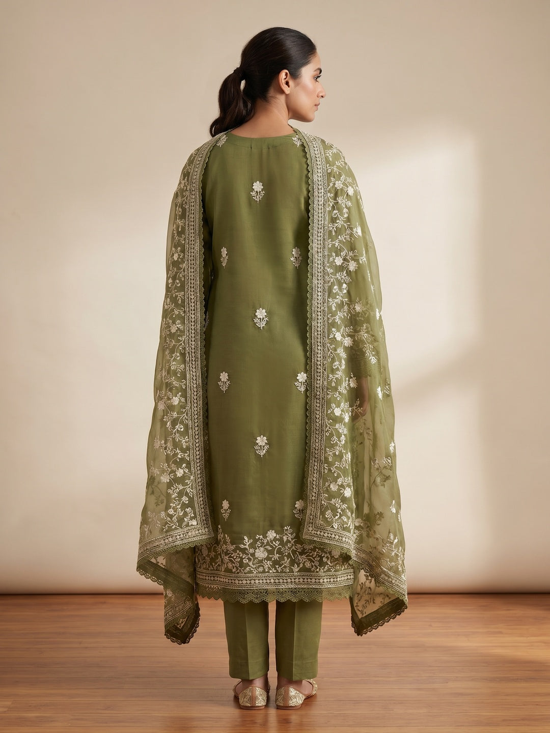 Green Floral Embroidered Organza Dress Material - Image 2