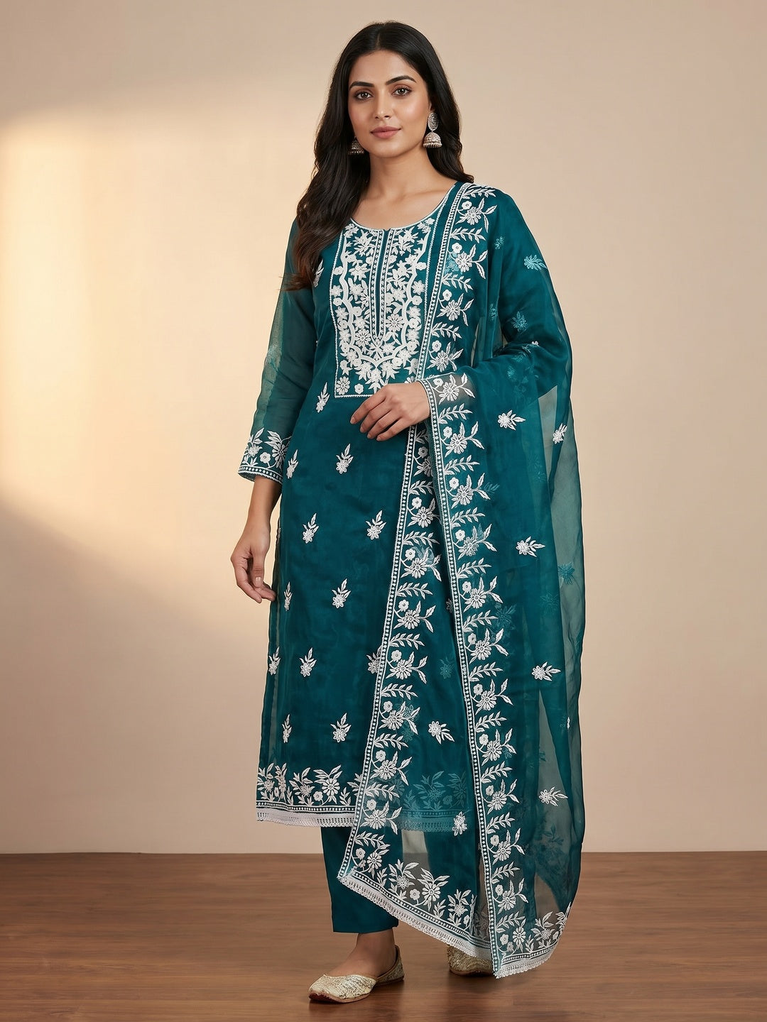 Teal Floral Embroidered Organza Dress Material - Image 1