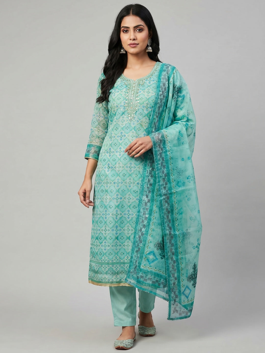 Blue Printed With Sequins Embroidered Organza Dress Material - Image 1