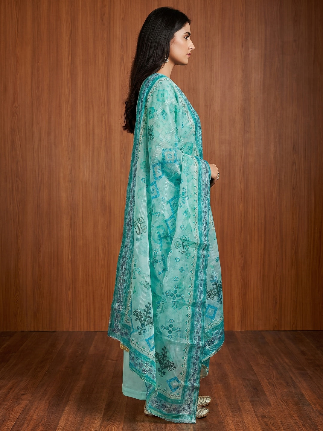Blue Printed With Sequins Embroidered Organza Dress Material - Image 2