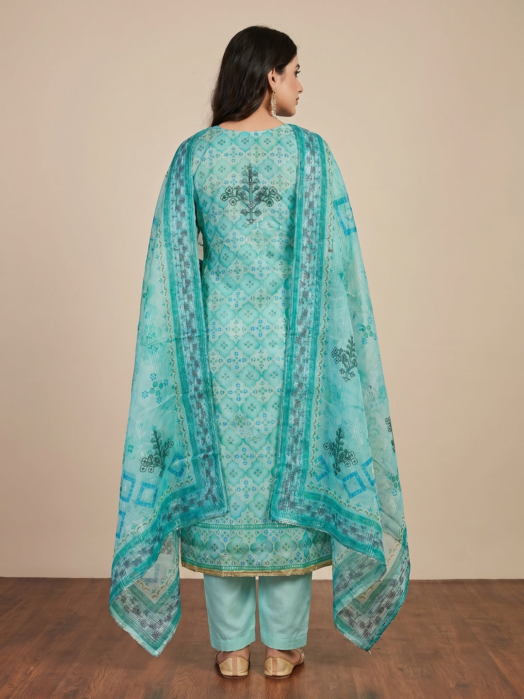 Blue Printed With Sequins Embroidered Organza Dress Material - Image 3