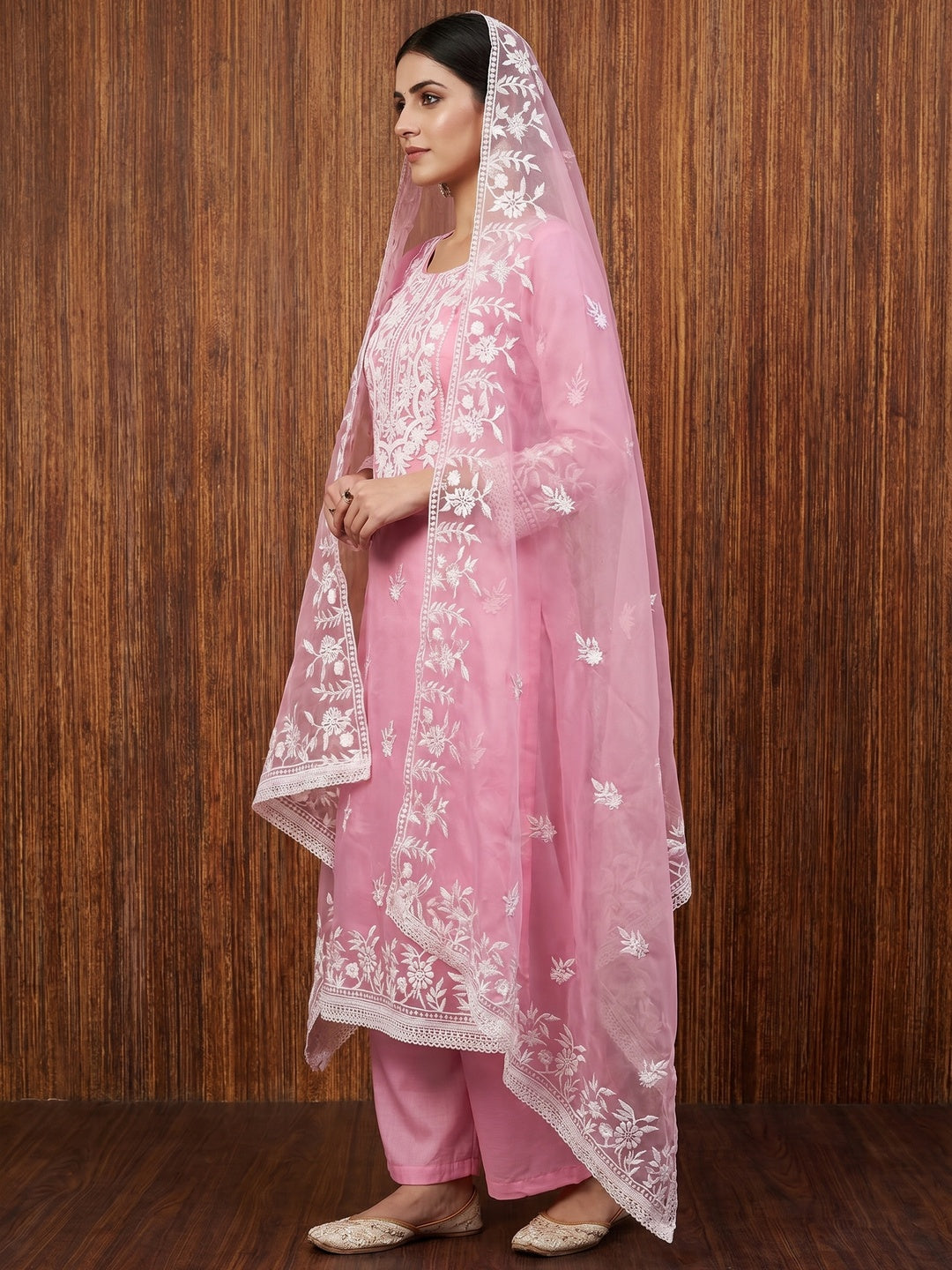 Pink Floral Embroidered Organza Dress Material - Image 1