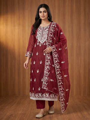 Maroon Floral Embroidered Organza Dress Material - Image 1
