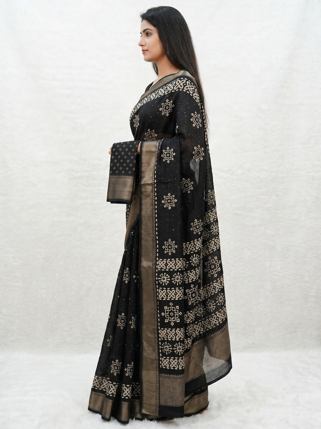 Black Printed With Sequins Work Dola Silk Saree - Image 3