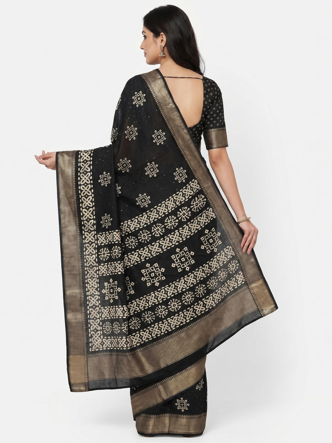 Black Printed With Sequins Work Dola Silk Saree - Image 2