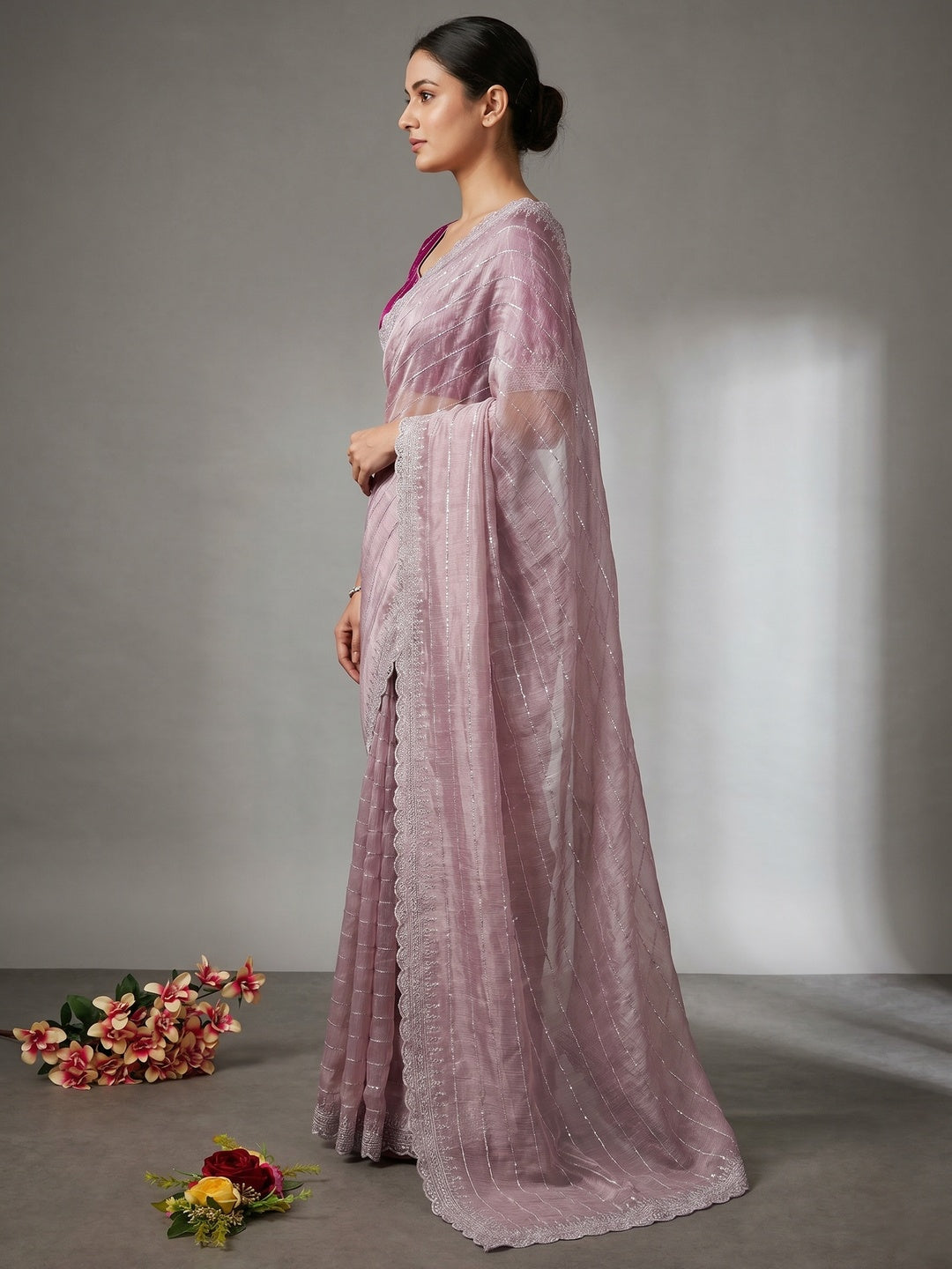 Light Mauve Sequins Embroidered Chiffon Silk Saree - Image 3