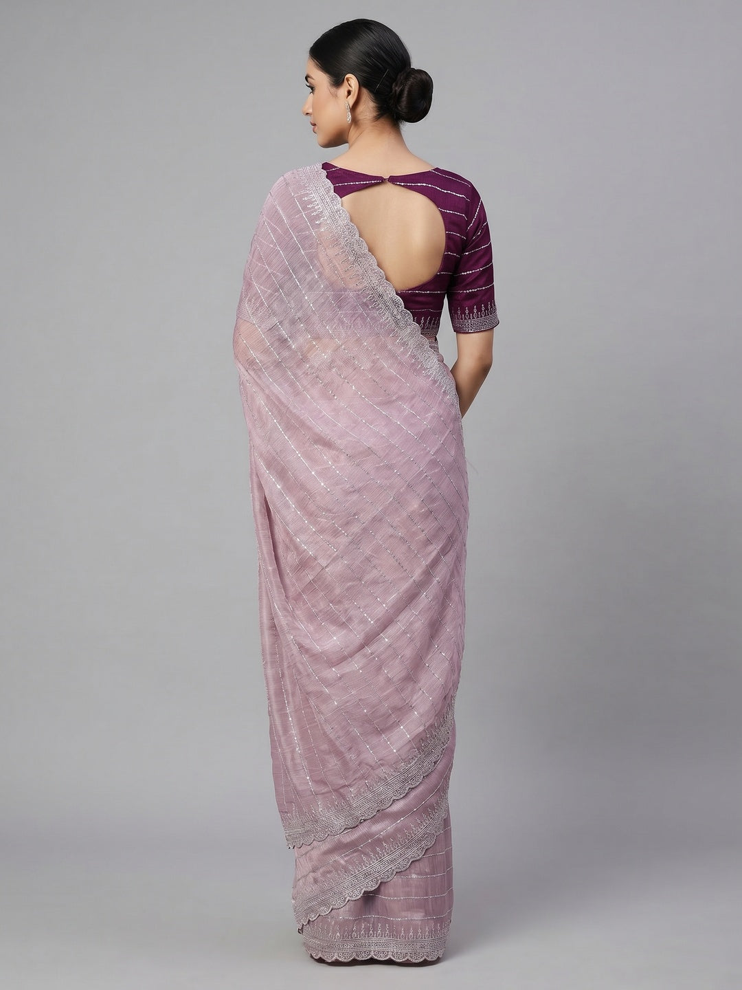 Light Mauve Sequins Embroidered Chiffon Silk Saree - Image 2