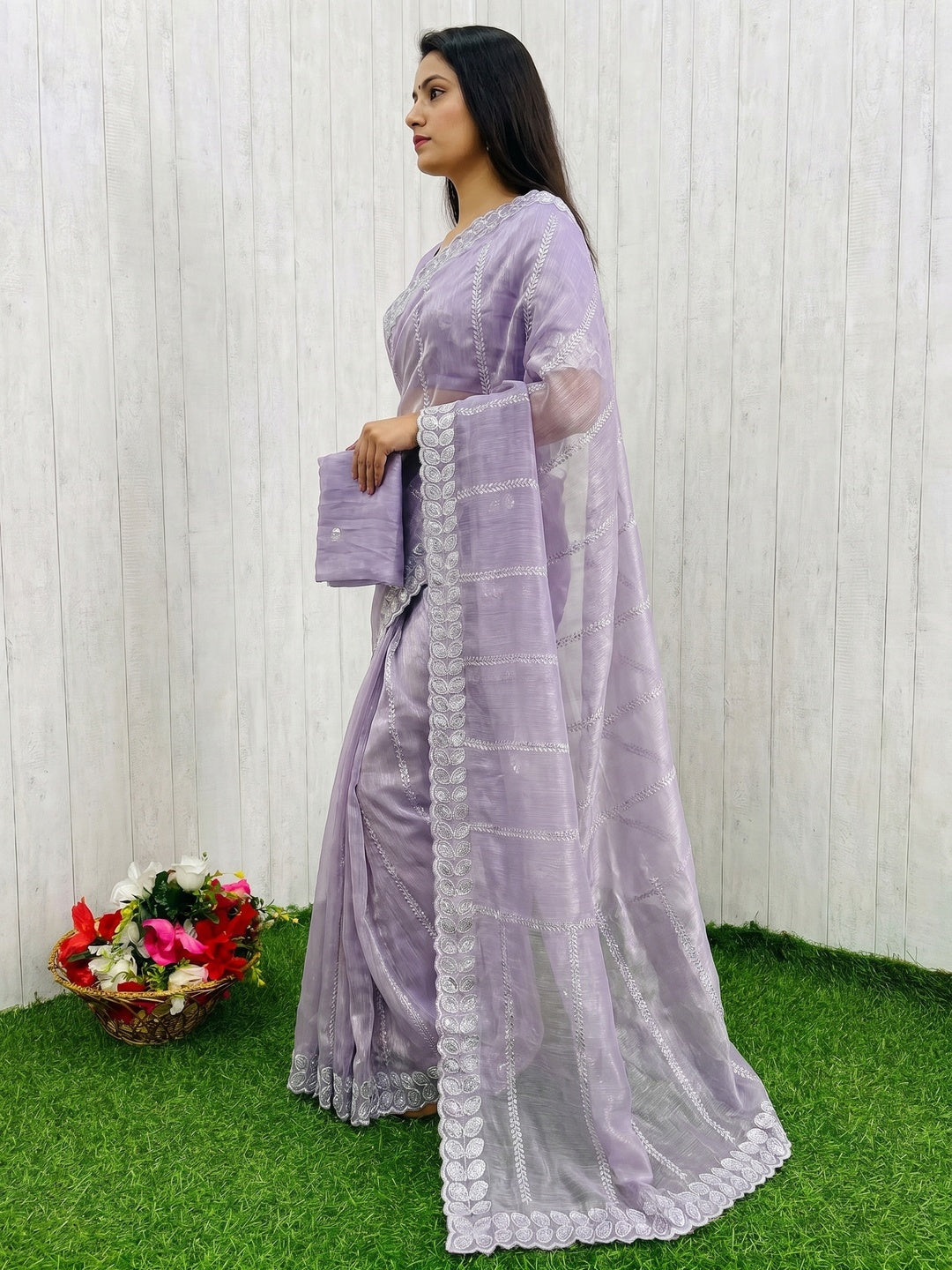 Lavender Sequins Embroidered Chiffon Silk Saree - Image 3